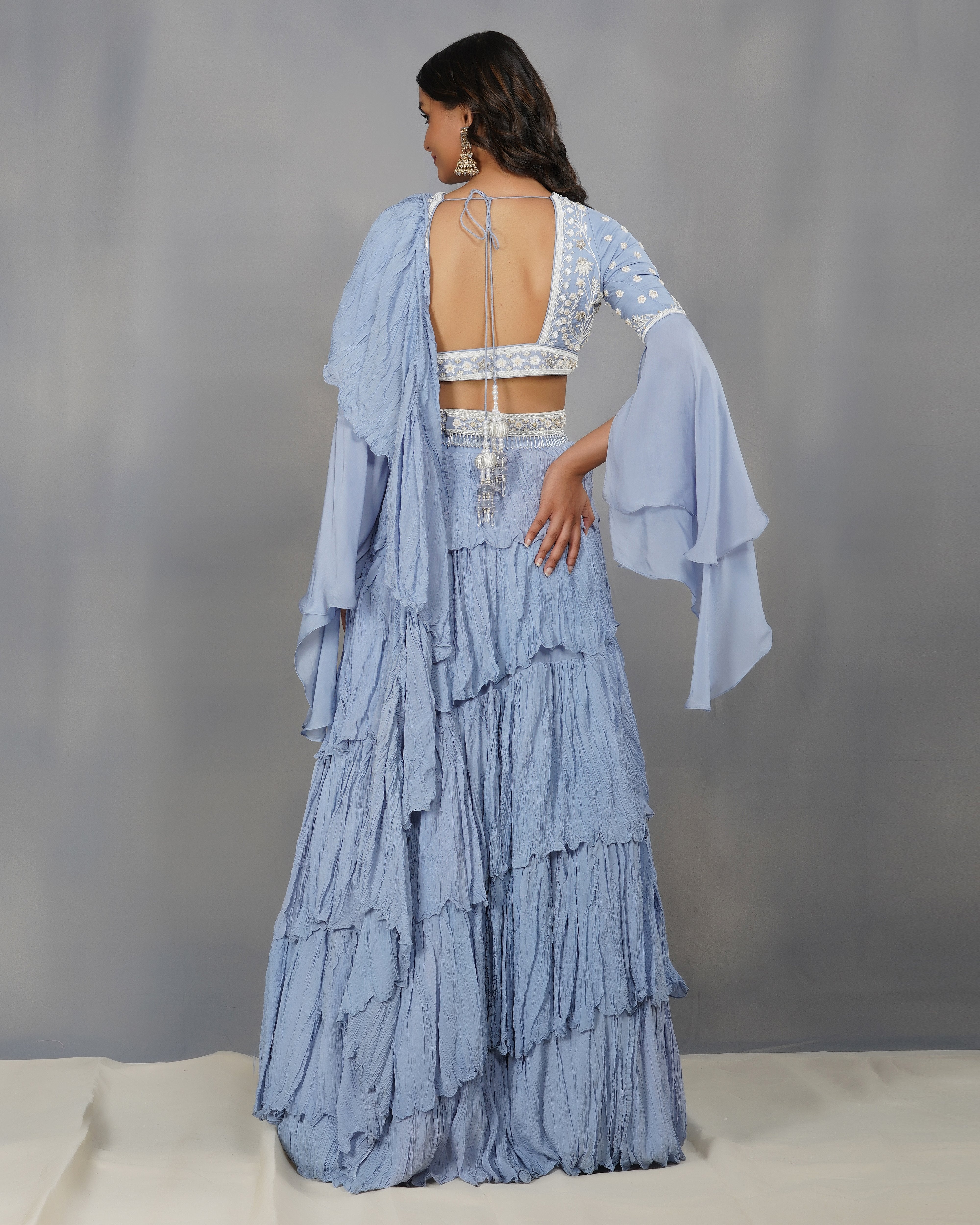 CY Dipti Chhabra Arisha - Carolina Blue Textured Drape Saree Set Back 1