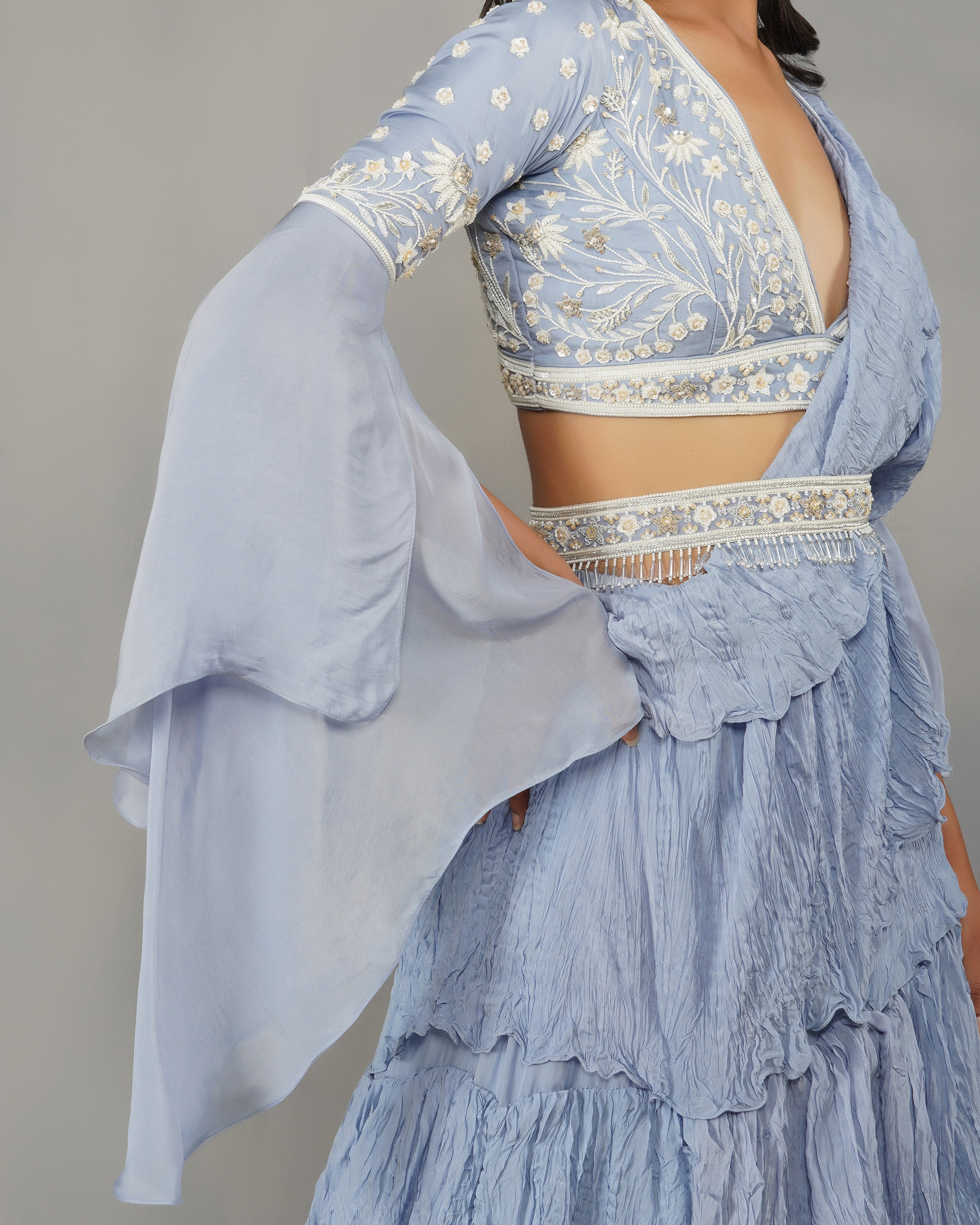 CY Dipti Chhabra Arisha - Carolina Blue Textured Drape Saree Set Closeup 1