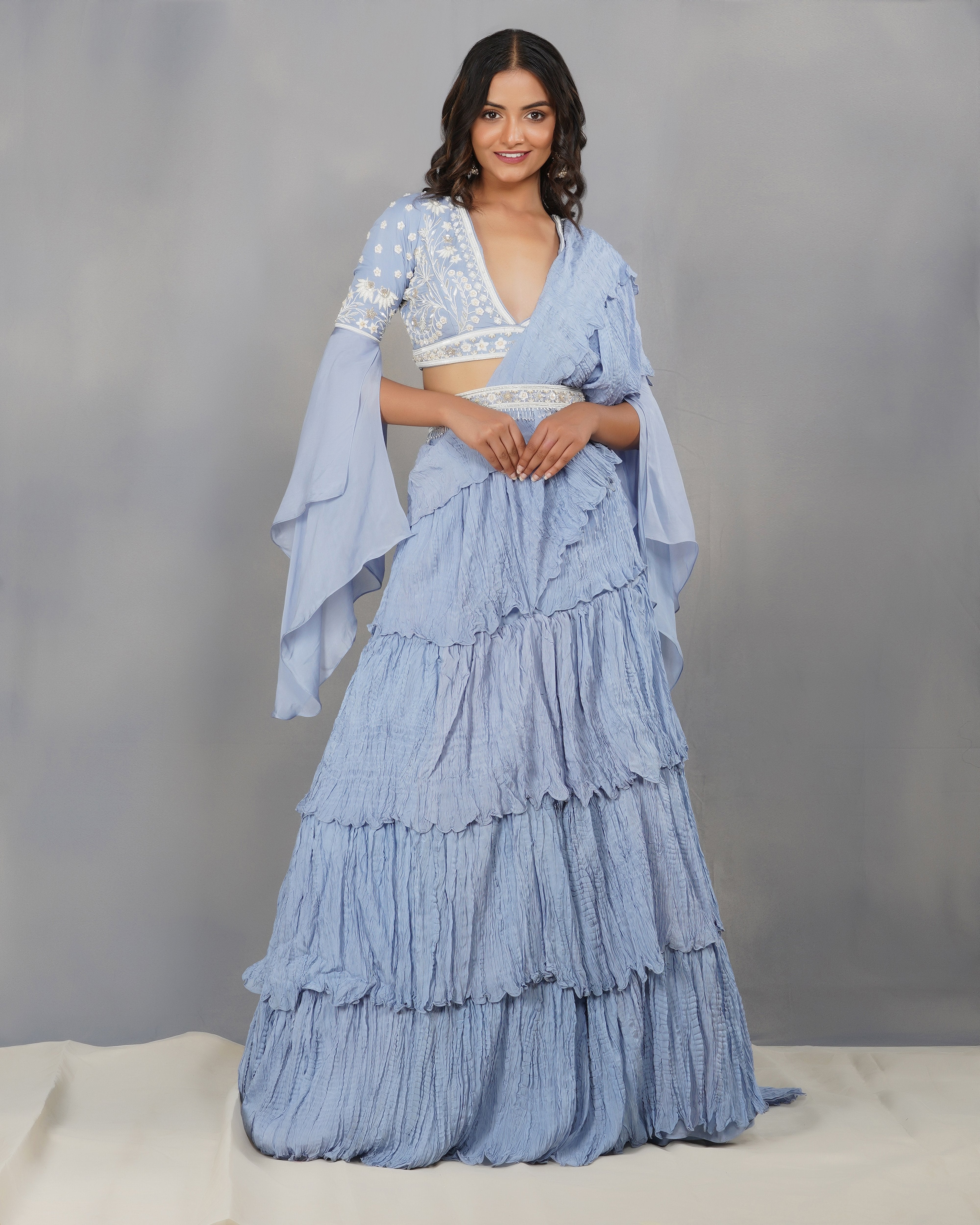 CY Dipti Chhabra Arisha - Carolina Blue Textured Drape Saree Set Front 1