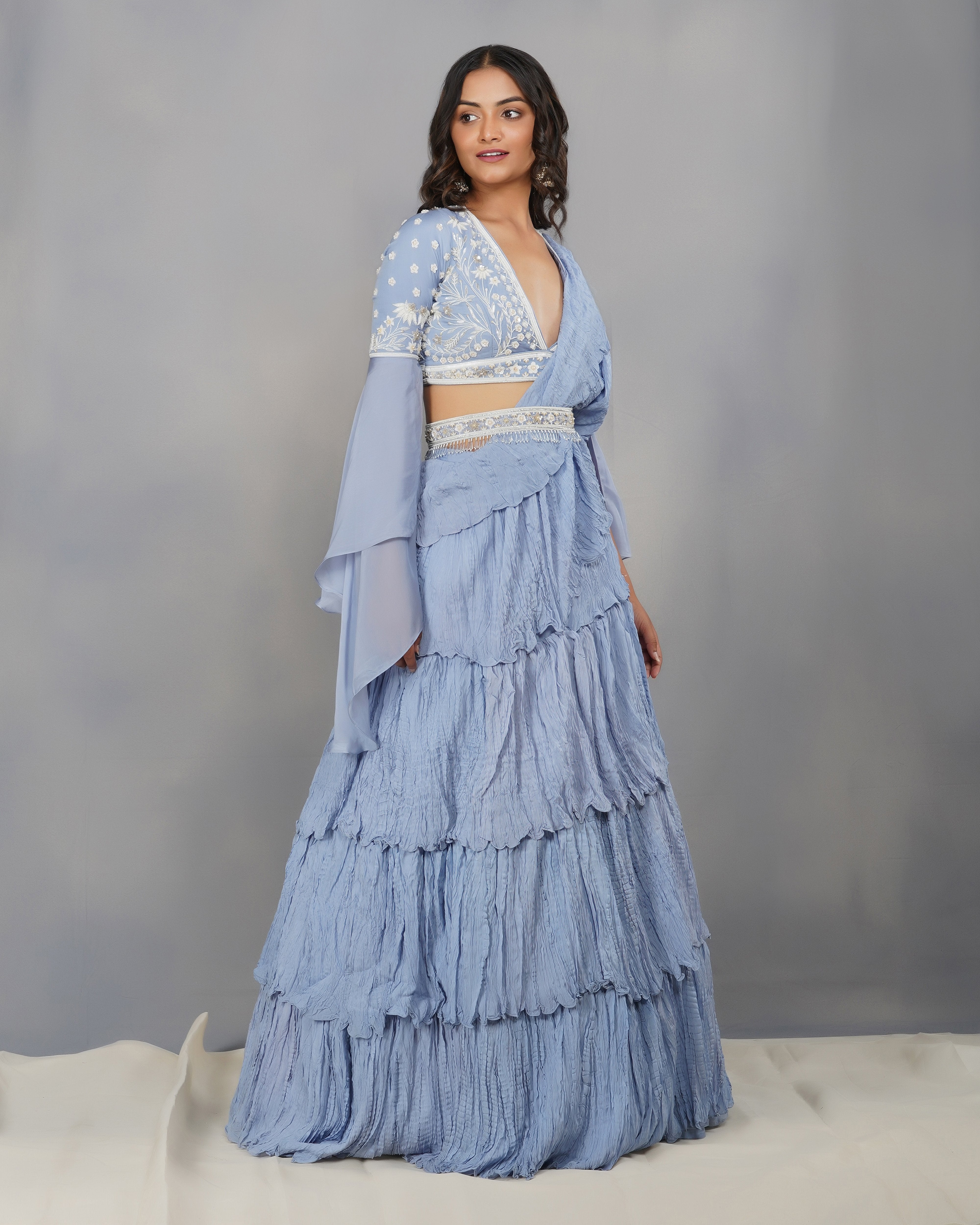 CY Dipti Chhabra Arisha - Carolina Blue Textured Drape Saree Set Front 2