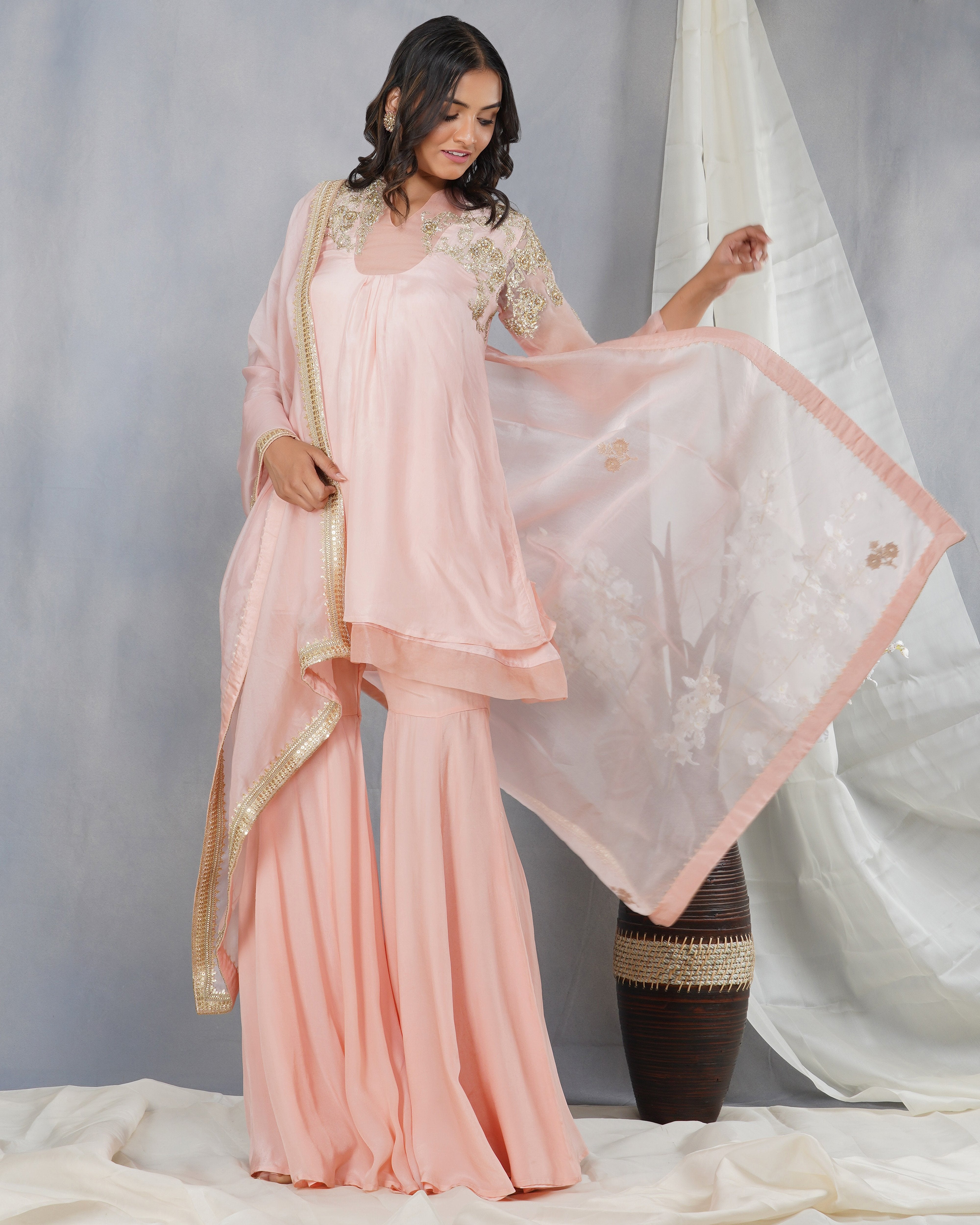 CY Dipti Chhabra Arshi - Peach Floral Embroidered Kurta Set Front 1