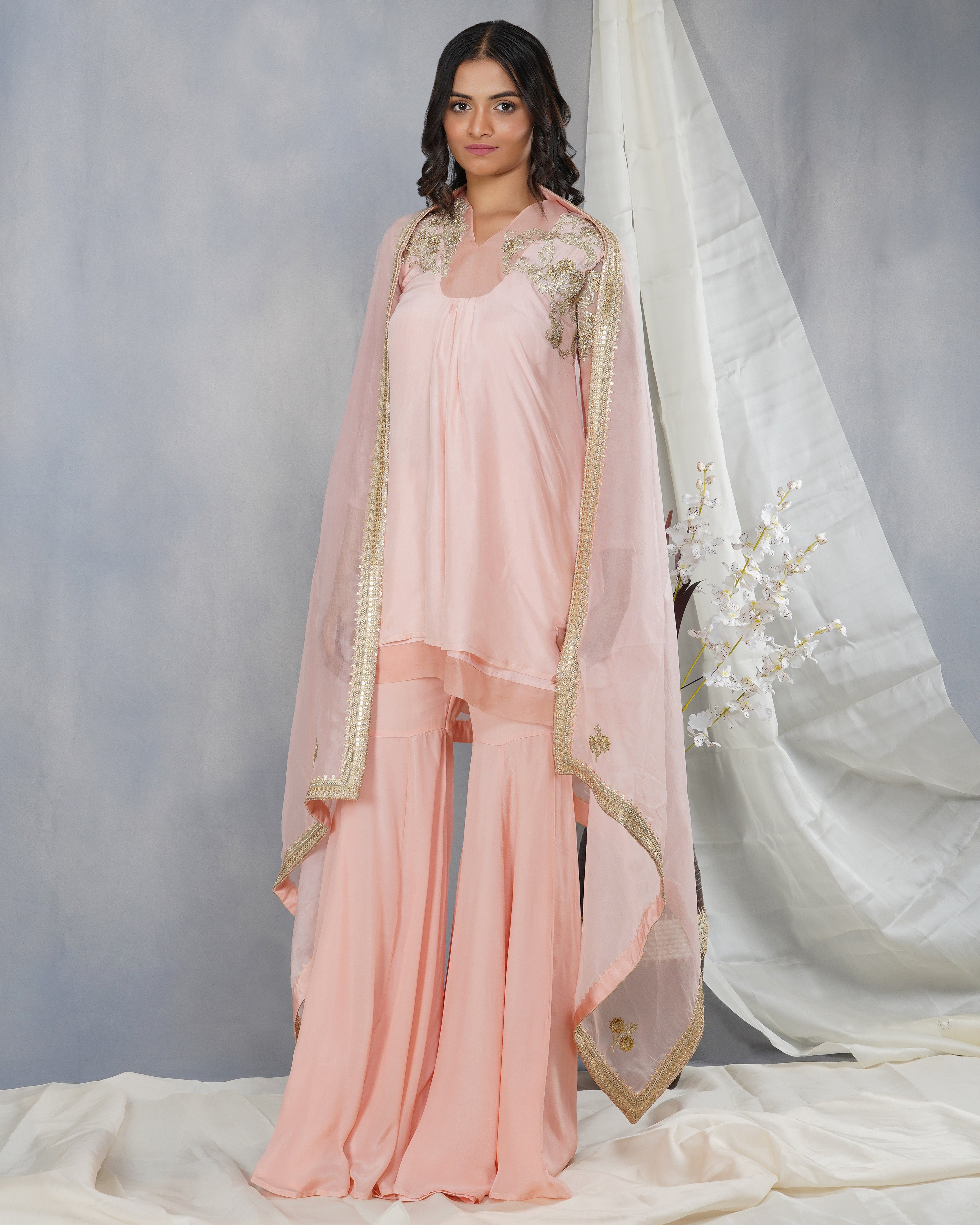 CY Dipti Chhabra Arshi - Peach Floral Embroidered Kurta Set Front 2