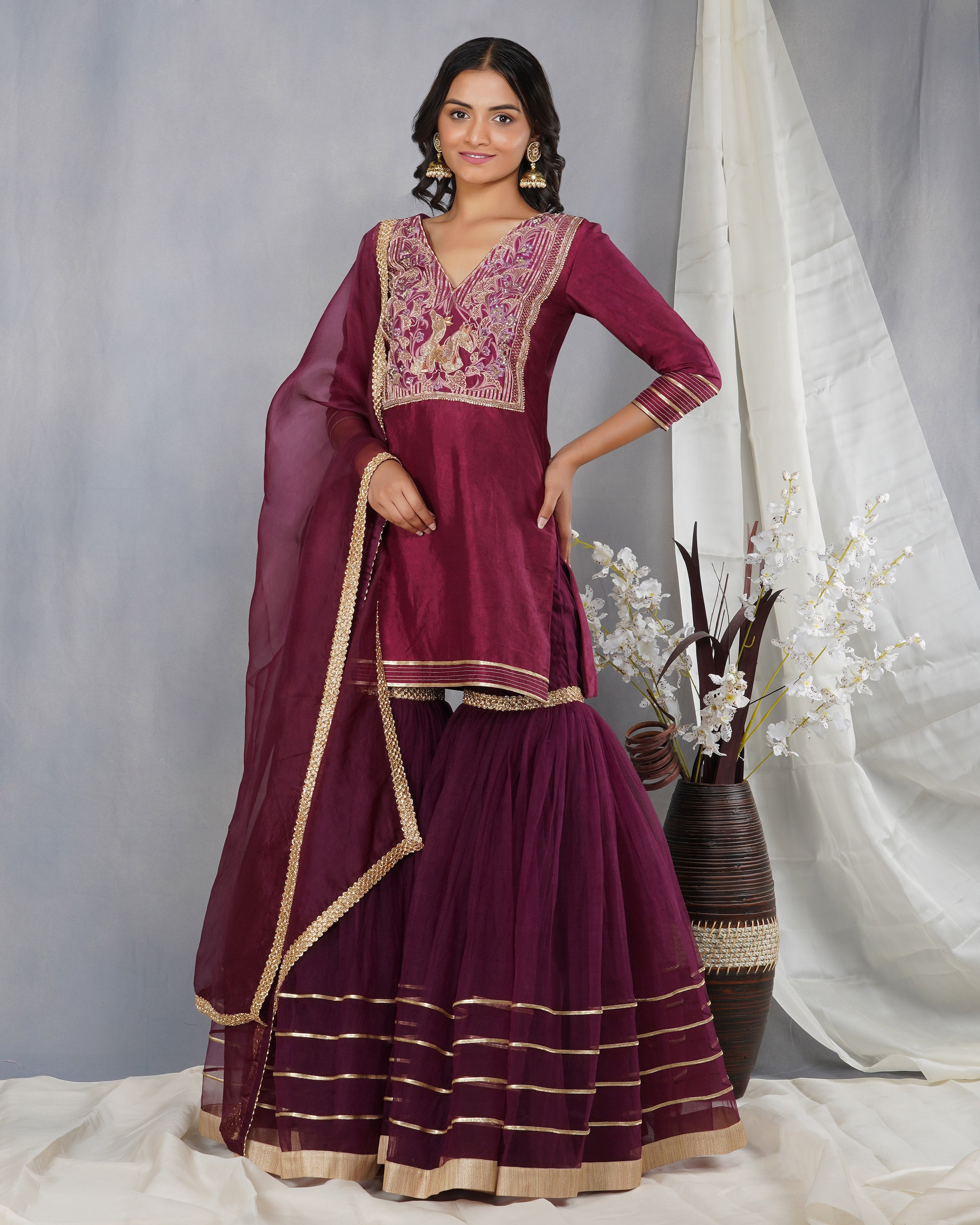 CY Dipti Chhabra Ayat - Mulberry Purple Embroidered Sharara Kurta Set Front 1