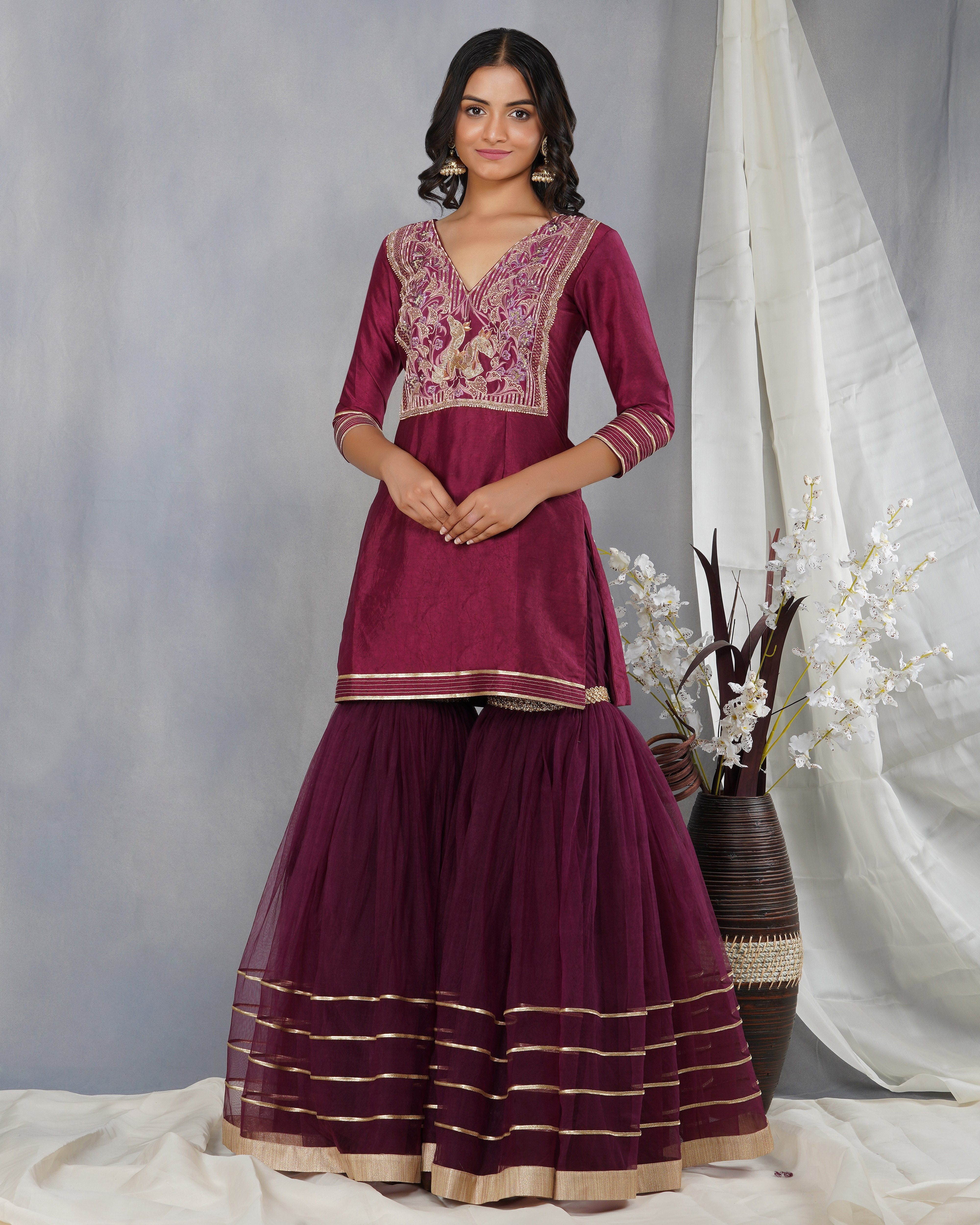 CY Dipti Chhabra Ayat - Mulberry Purple Embroidered Sharara Kurta Set Front 2