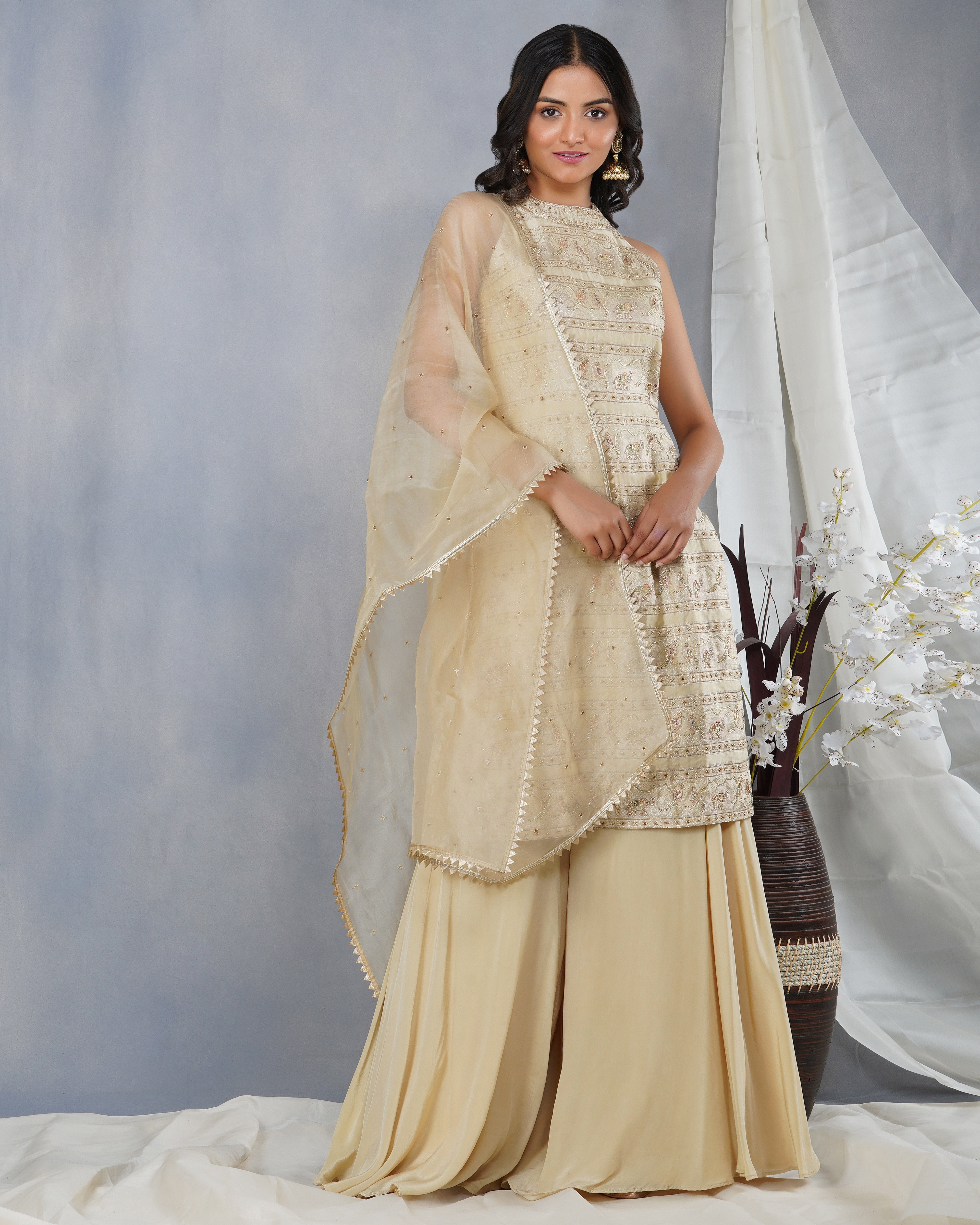 CY Dipti Chhabra Aynoor - Beige Embroidered Sharara Kurta Set Front 1