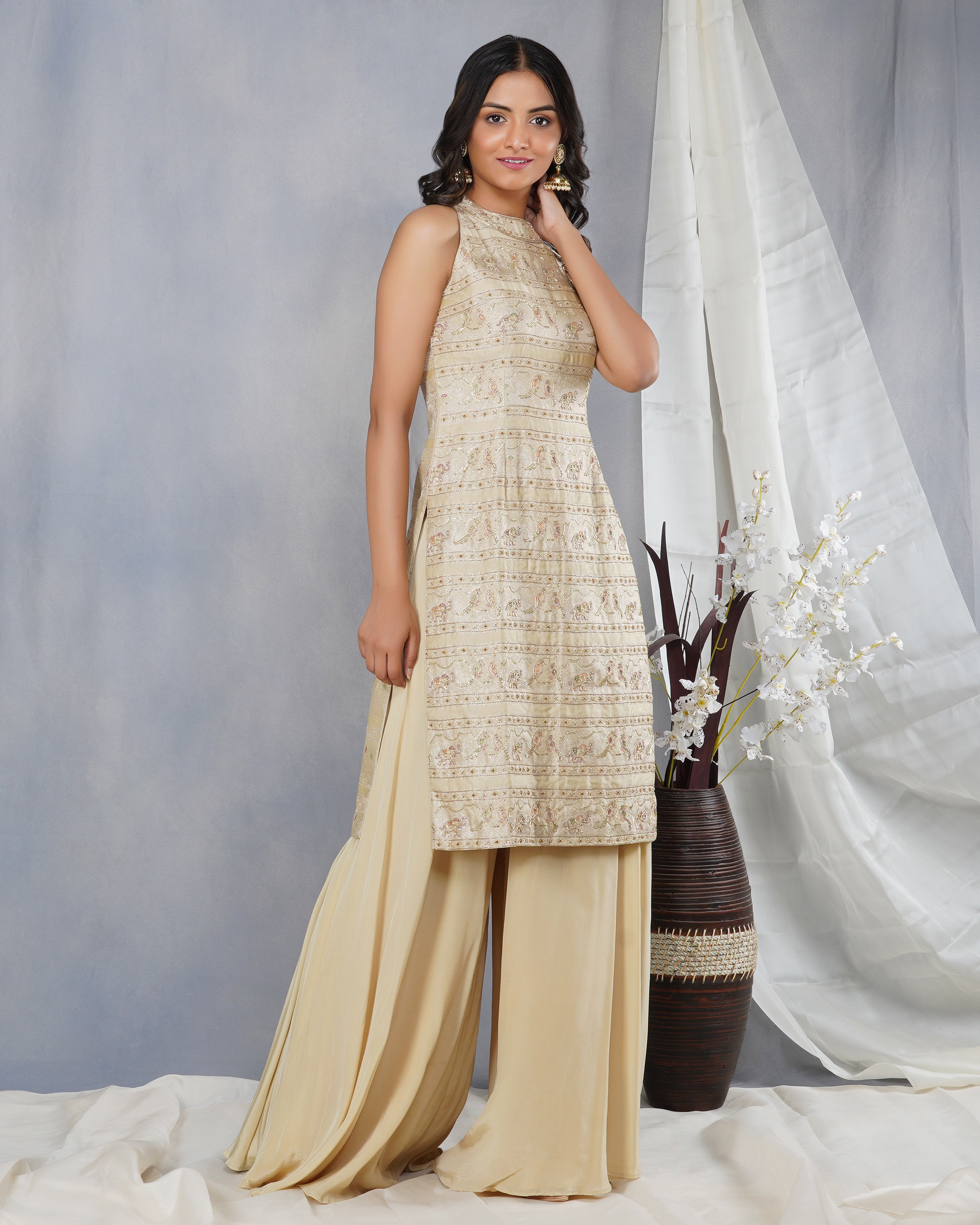 CY Dipti Chhabra Aynoor - Beige Embroidered Sharara Kurta Set Front 2