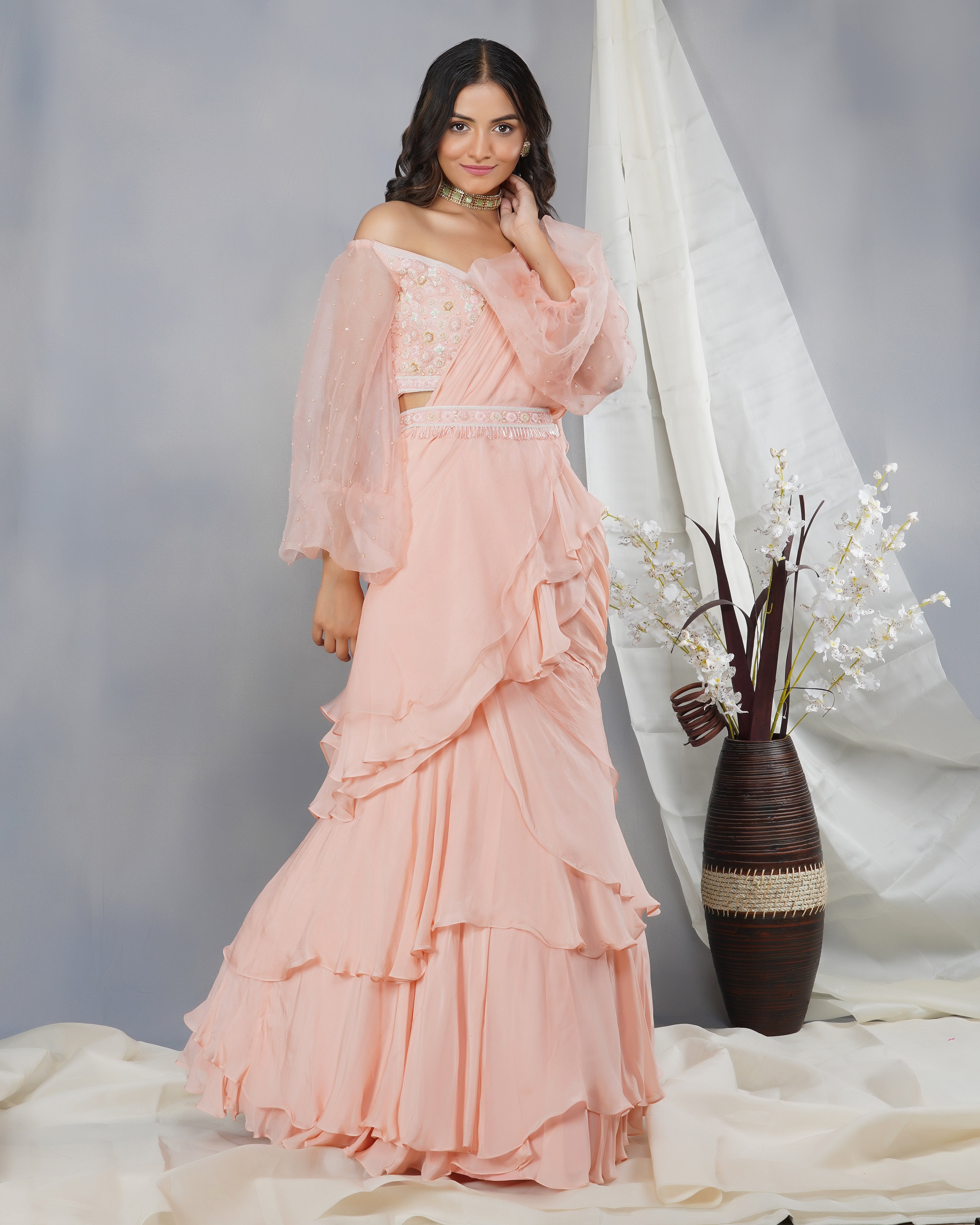 CY Dipti Chhabra Kiara - Peach 3D Embroidered Drape Saree Set Front 1