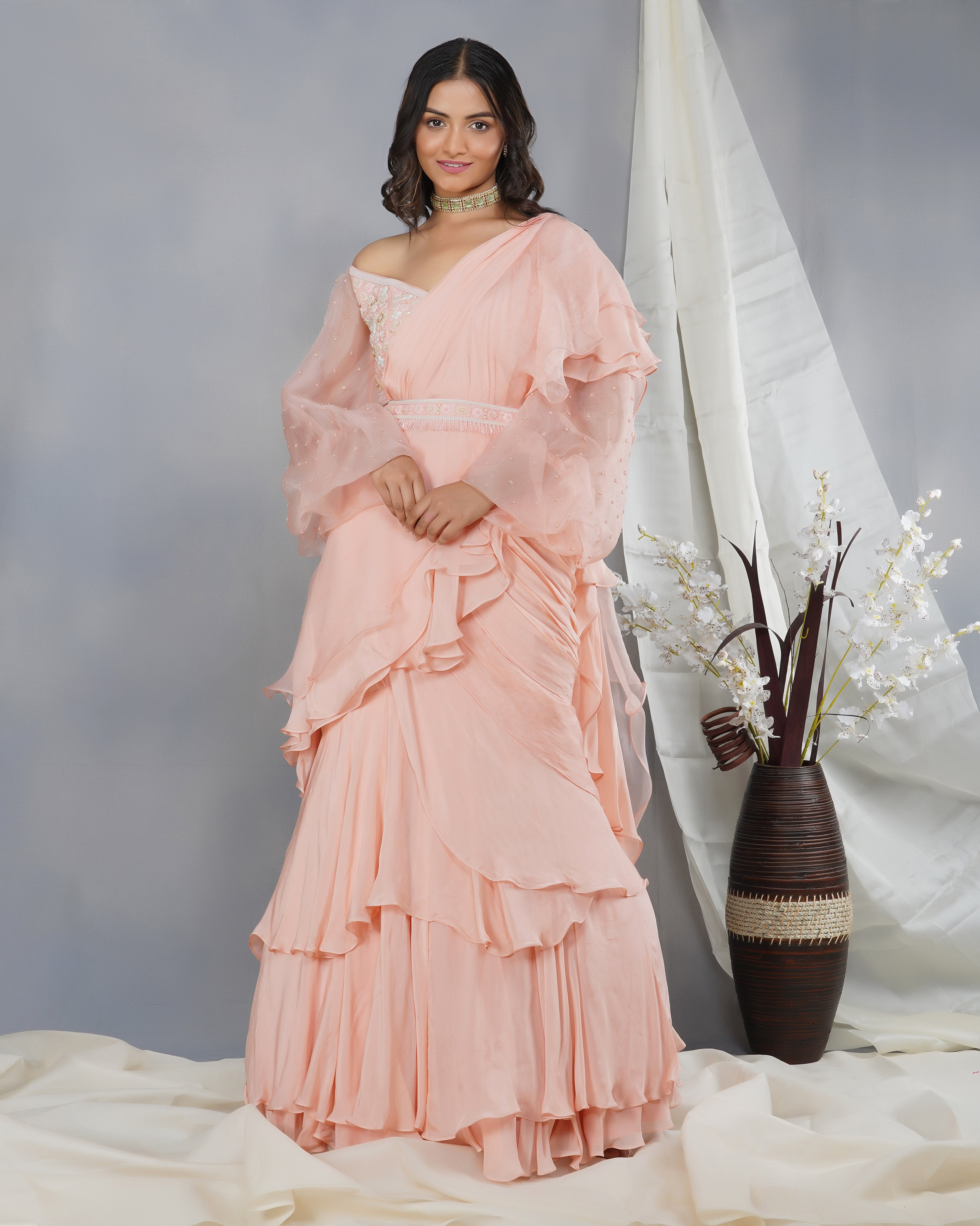CY Dipti Chhabra Kiara - Peach 3D Embroidered Drape Saree Set Front 2