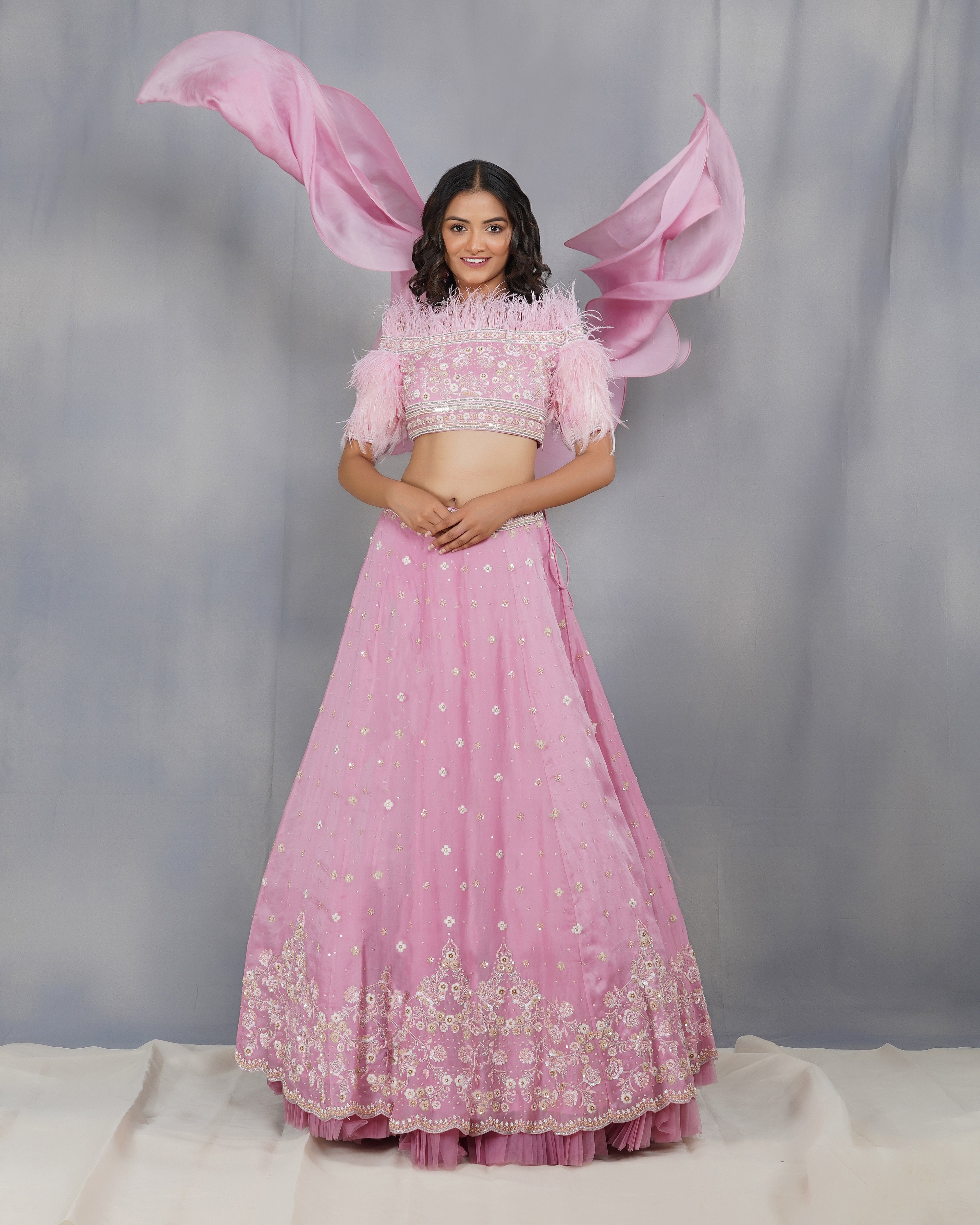 CY Dipti Chhabra Sana - Blush Pink Feather Embroidered Lehenga Set Front 1