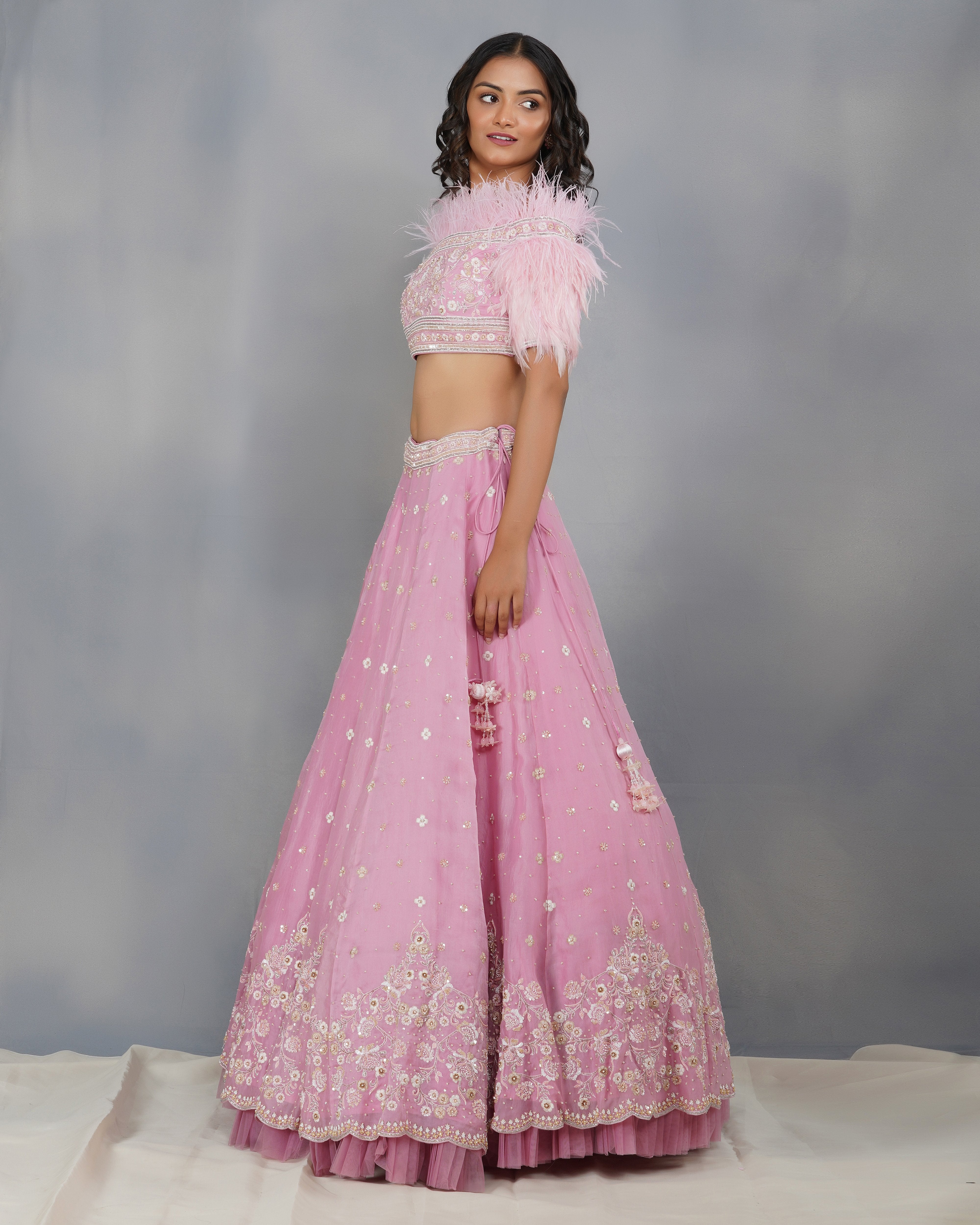 CY Dipti Chhabra Sana - Blush Pink Feather Embroidered Lehenga Set Side 1