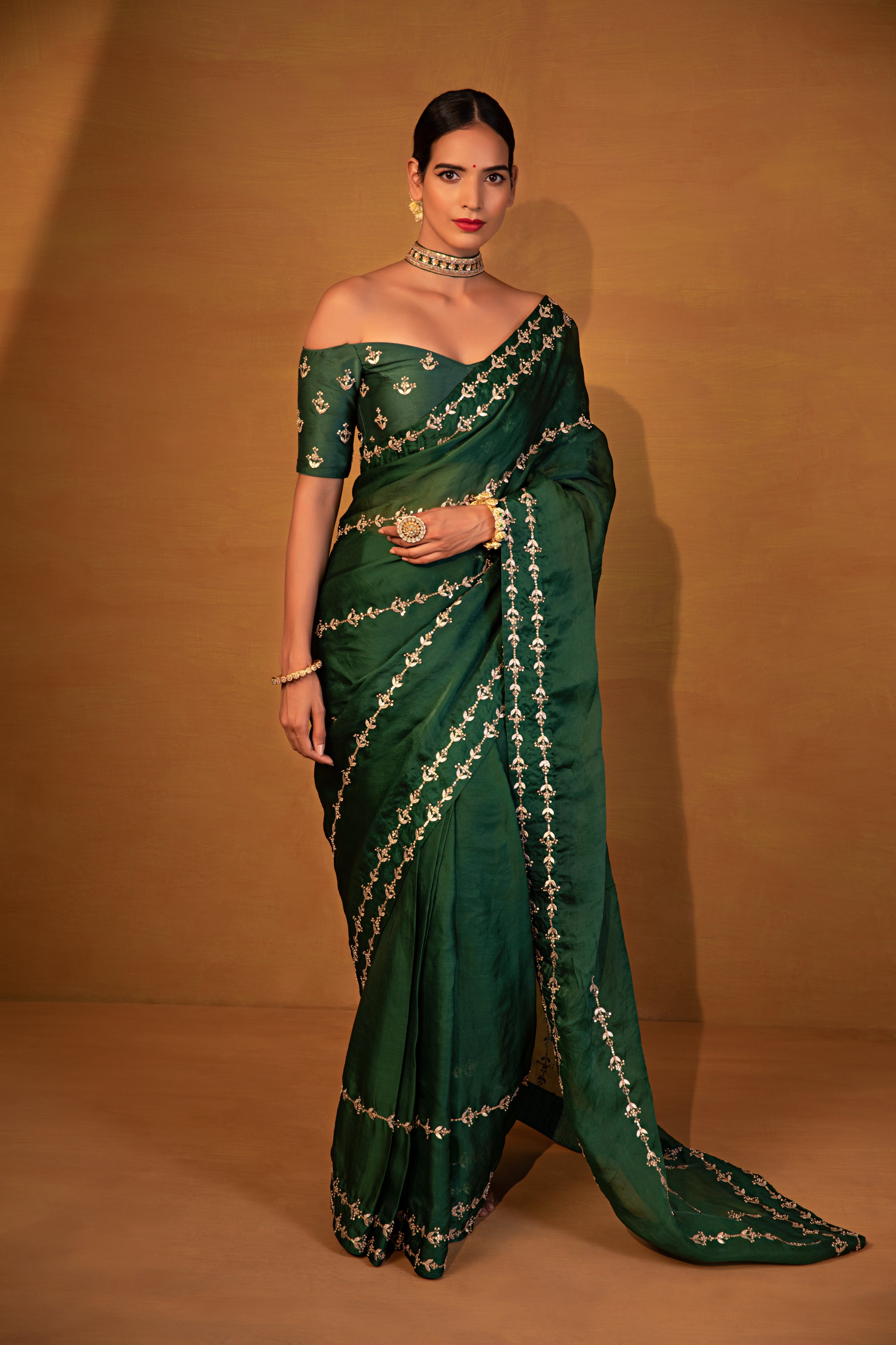 Esha Koul - Dark Green Organza Saree Set