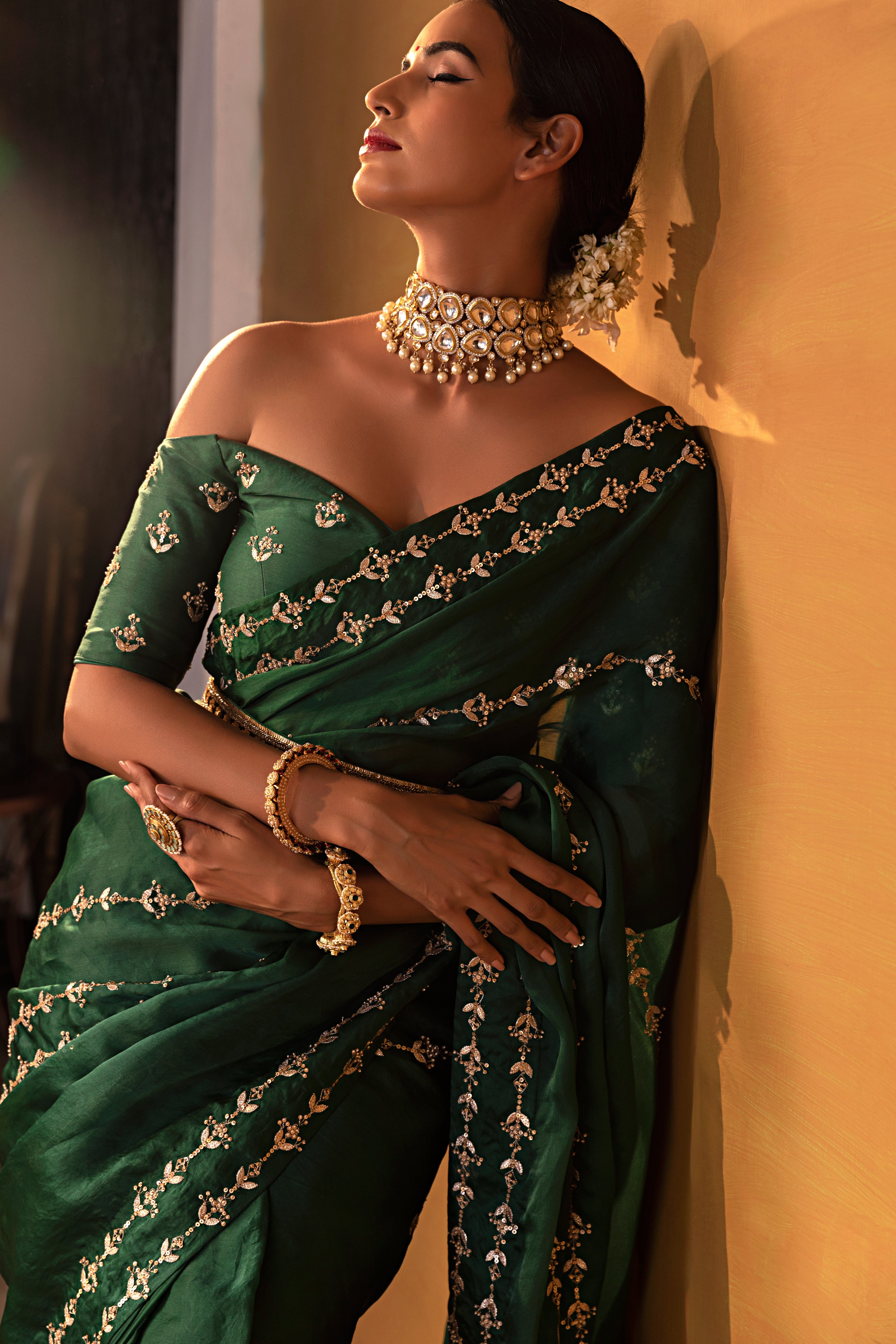 Esha Koul - Dark Green Organza Saree Set