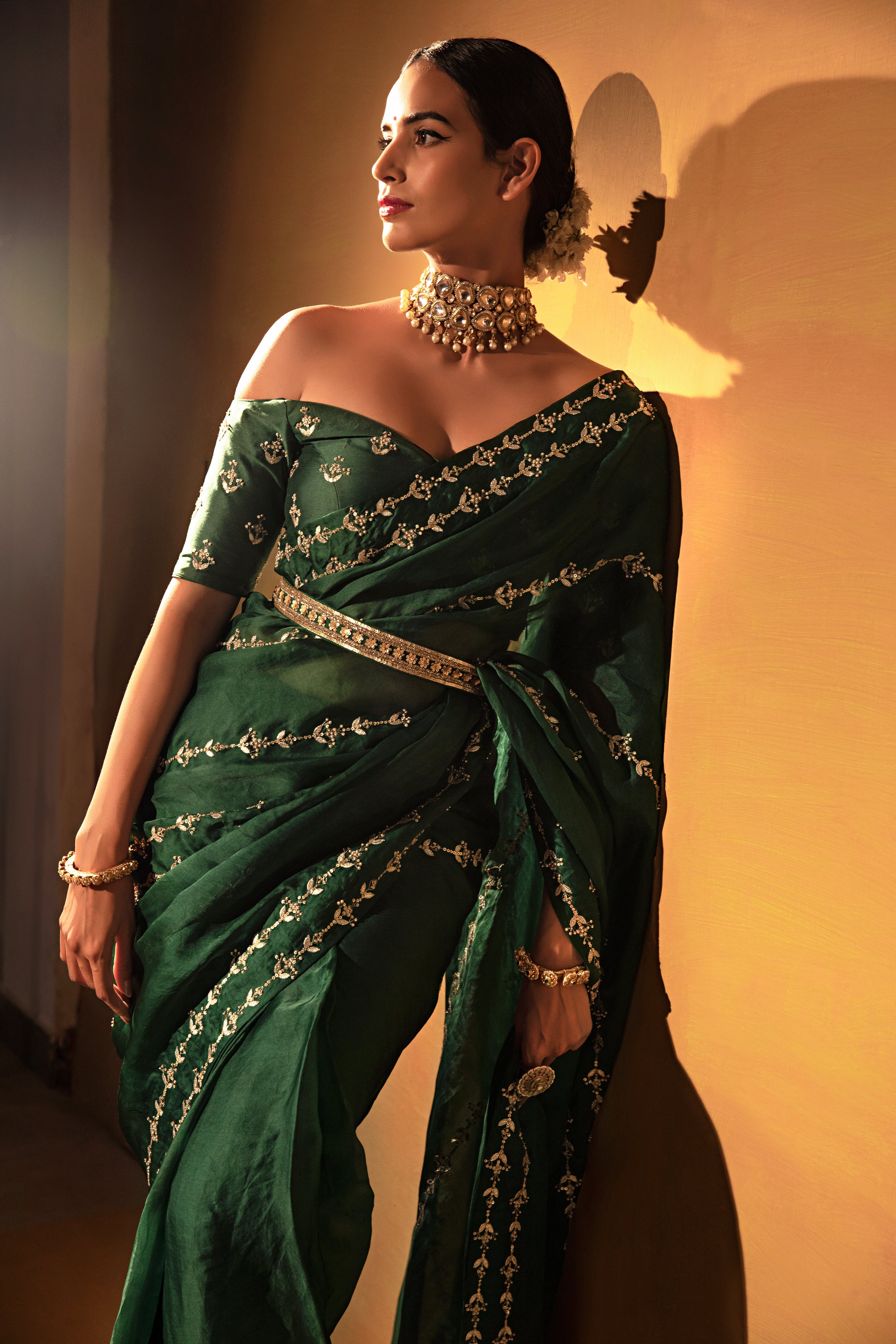Esha Koul - Dark Green Organza Saree Set