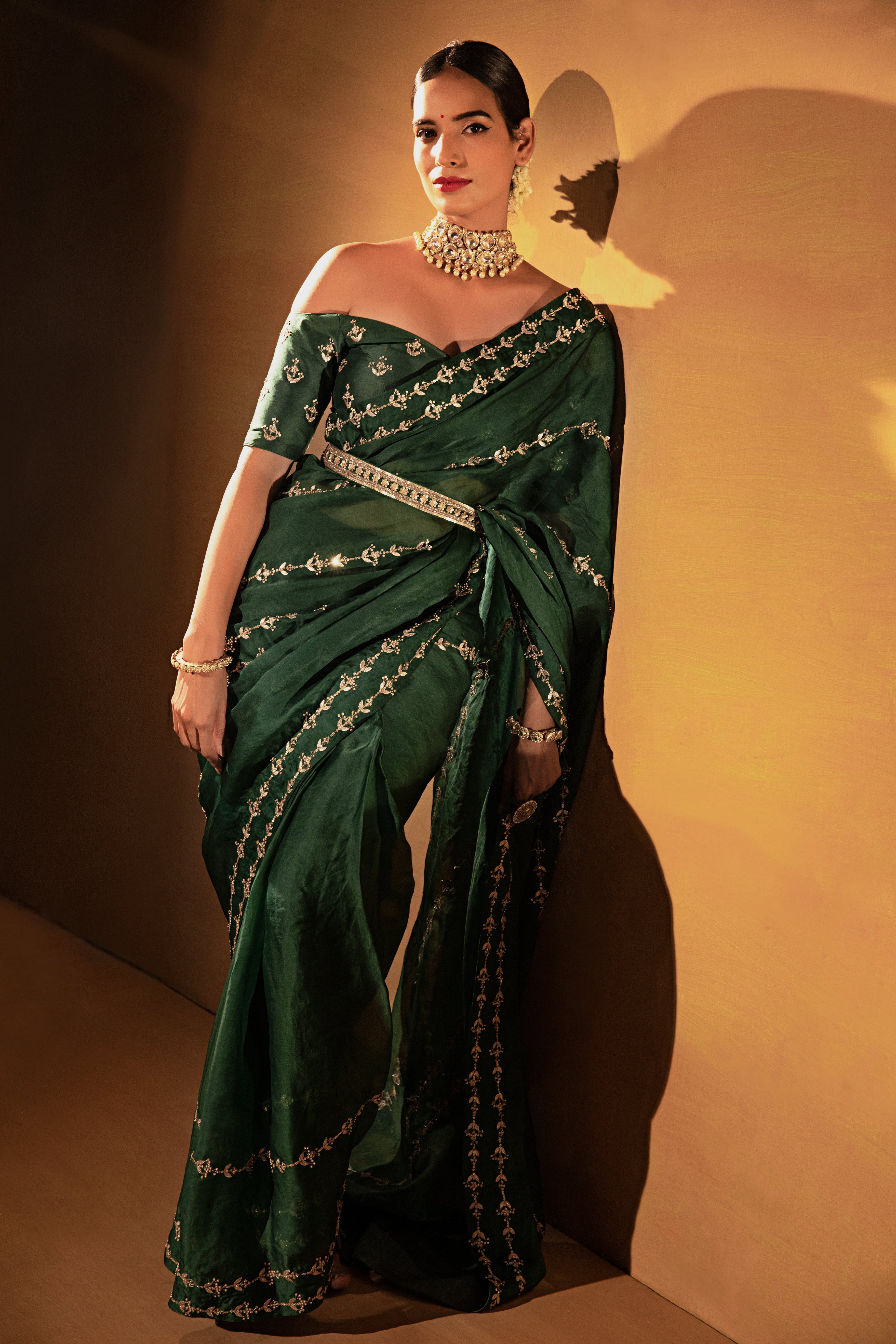 Esha Koul - Dark Green Organza Saree Set