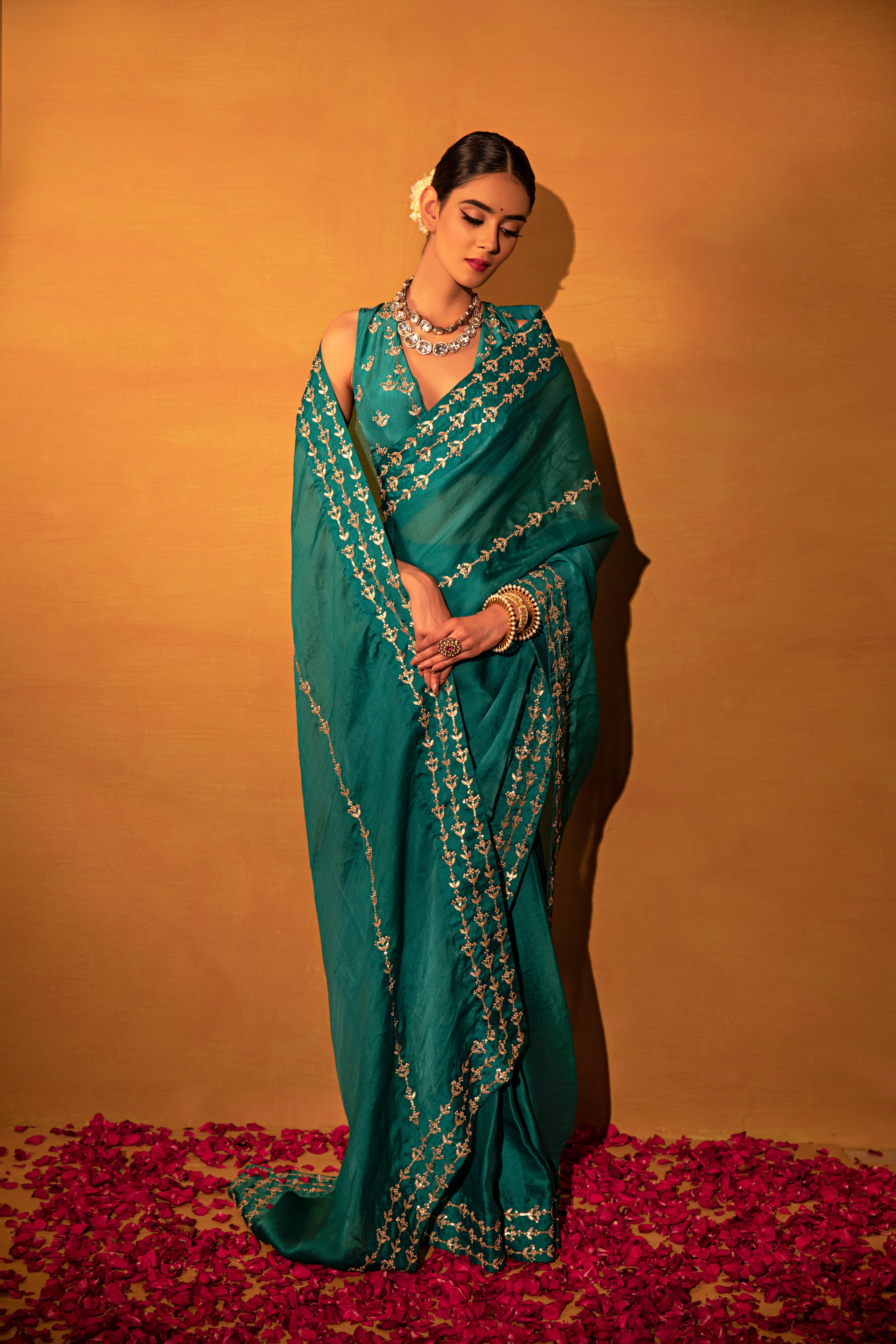 Esha Koul - Teal Green Organza Saree Set