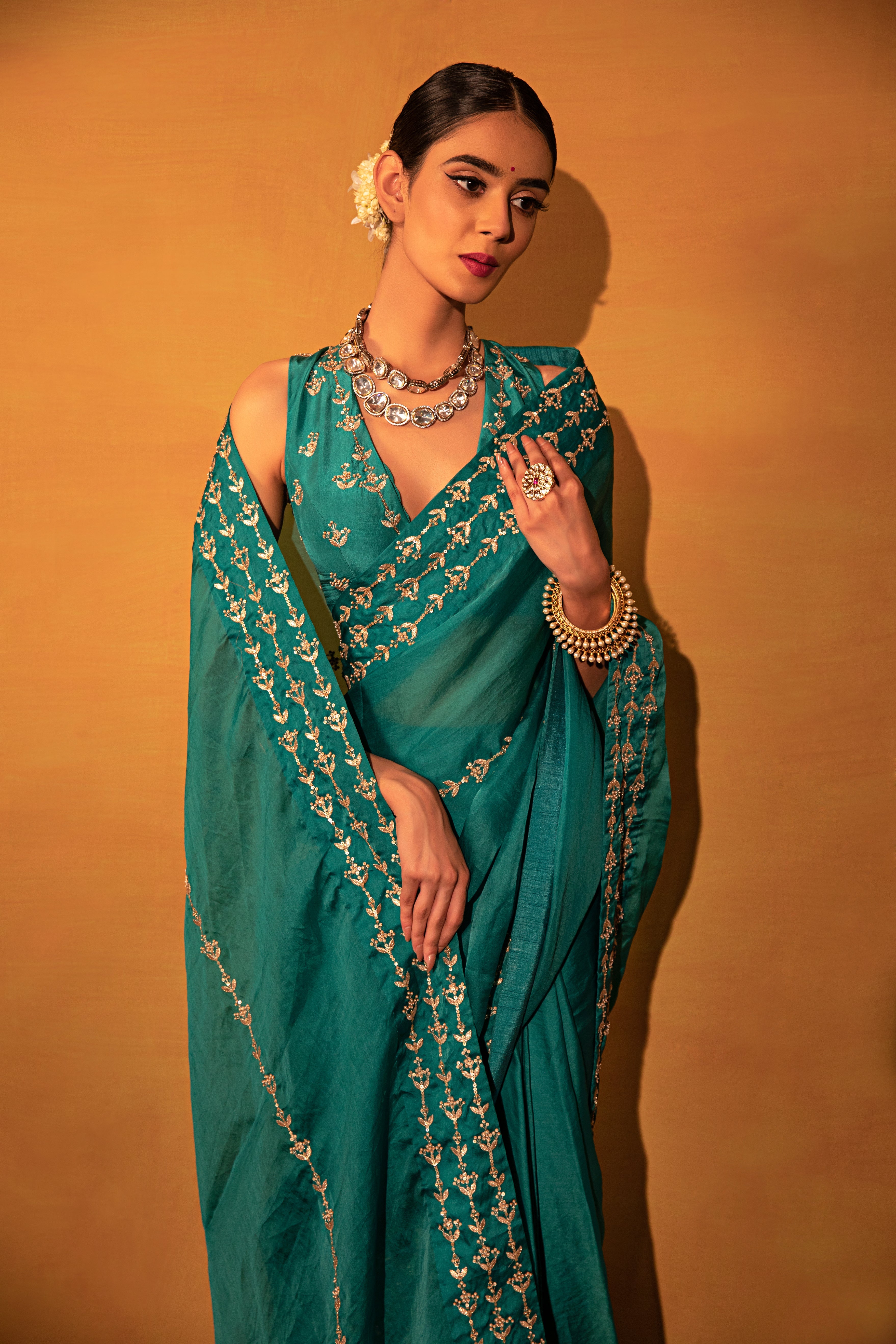 Esha Koul - Teal Green Organza Saree Set