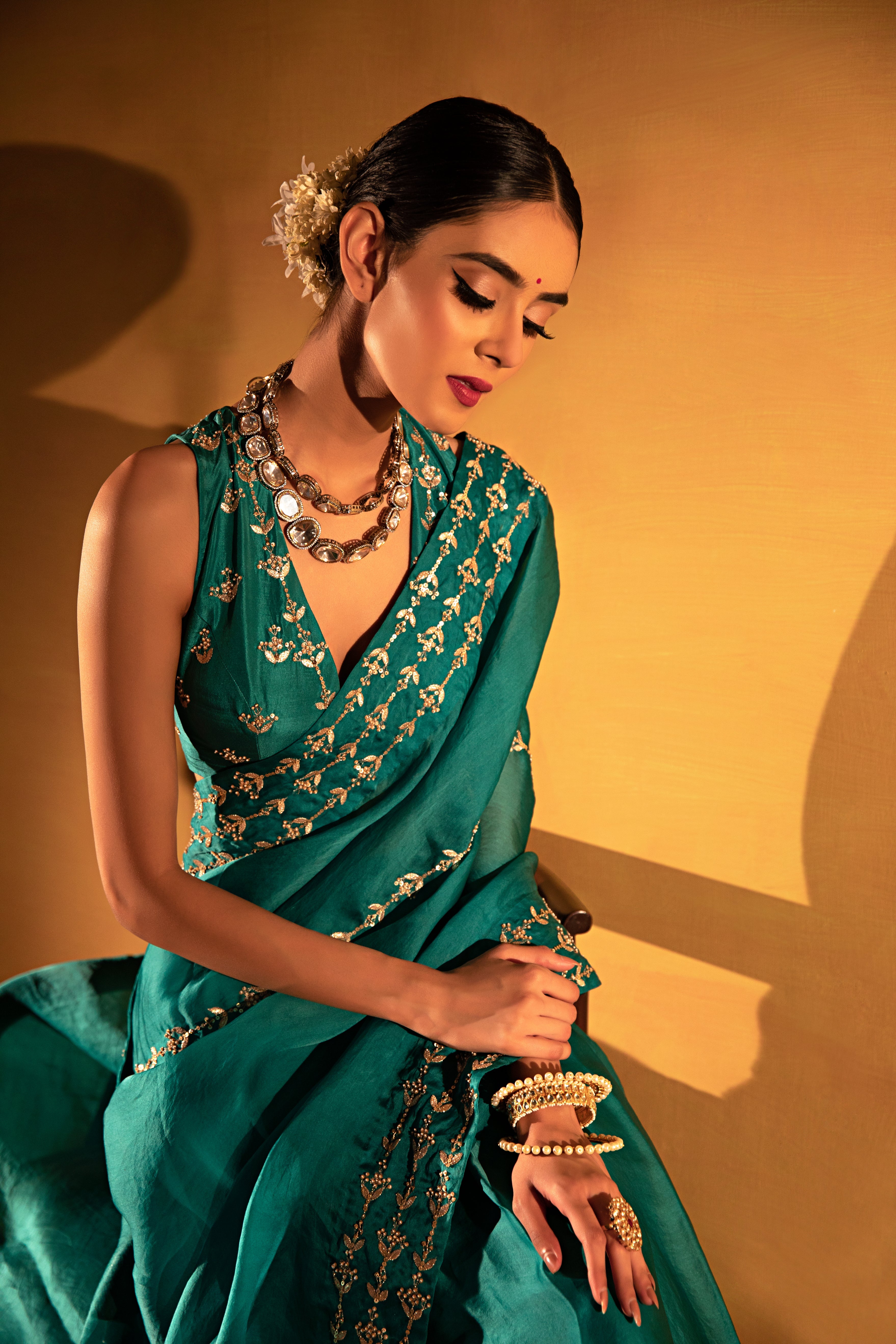 Esha Koul - Teal Green Organza Saree Set