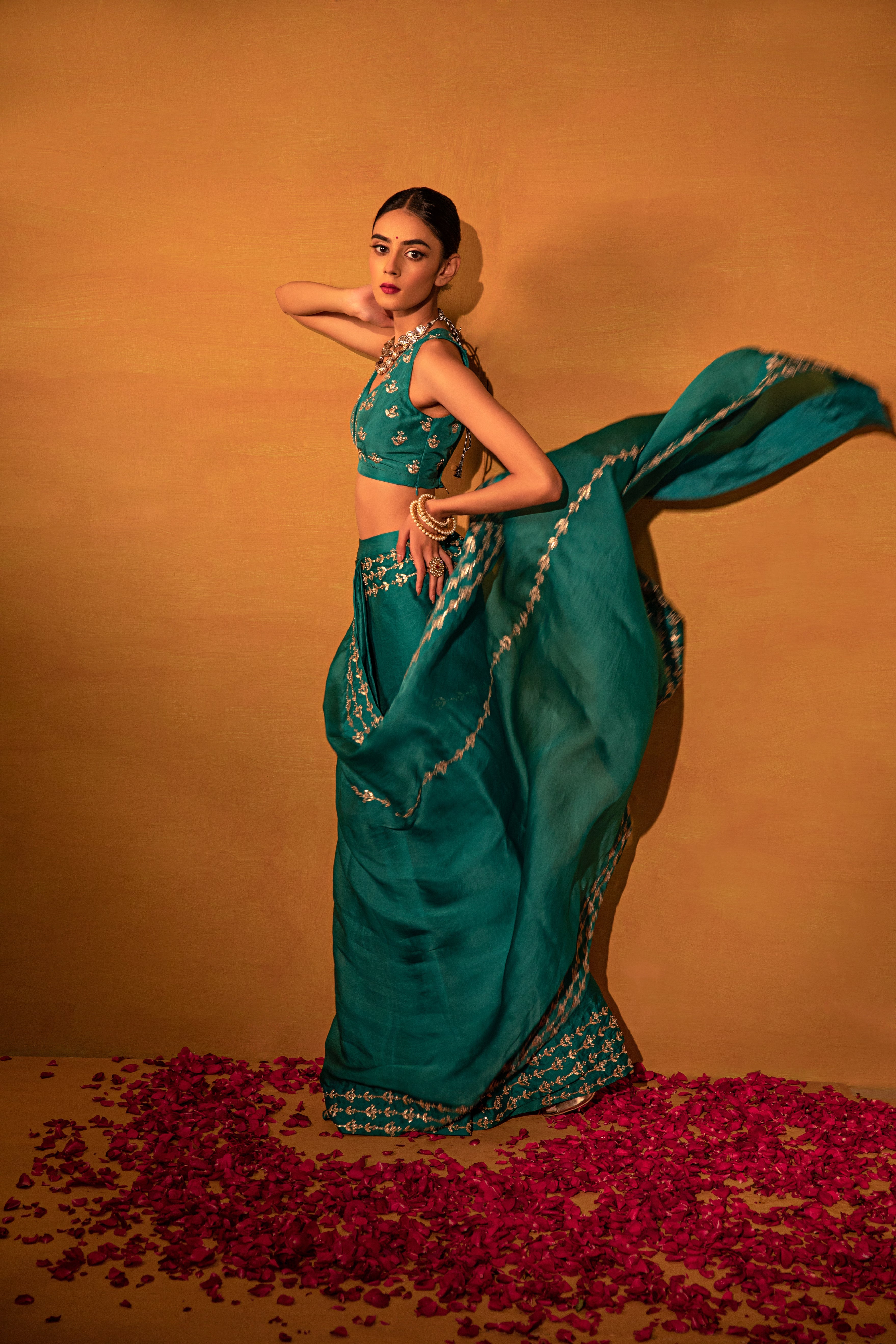 Esha Koul - Teal Green Organza Saree Set