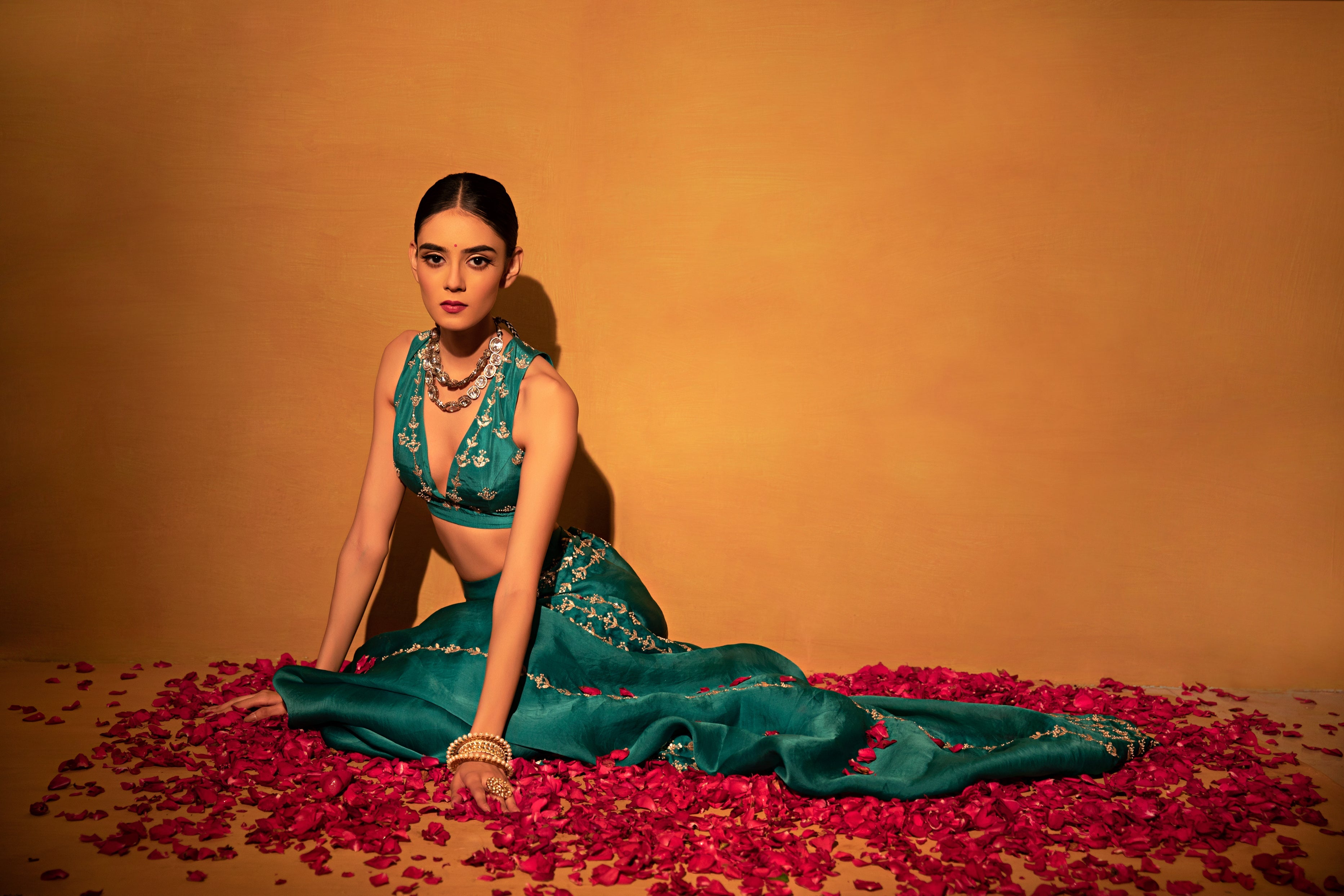 Esha Koul - Teal Green Organza Saree Set