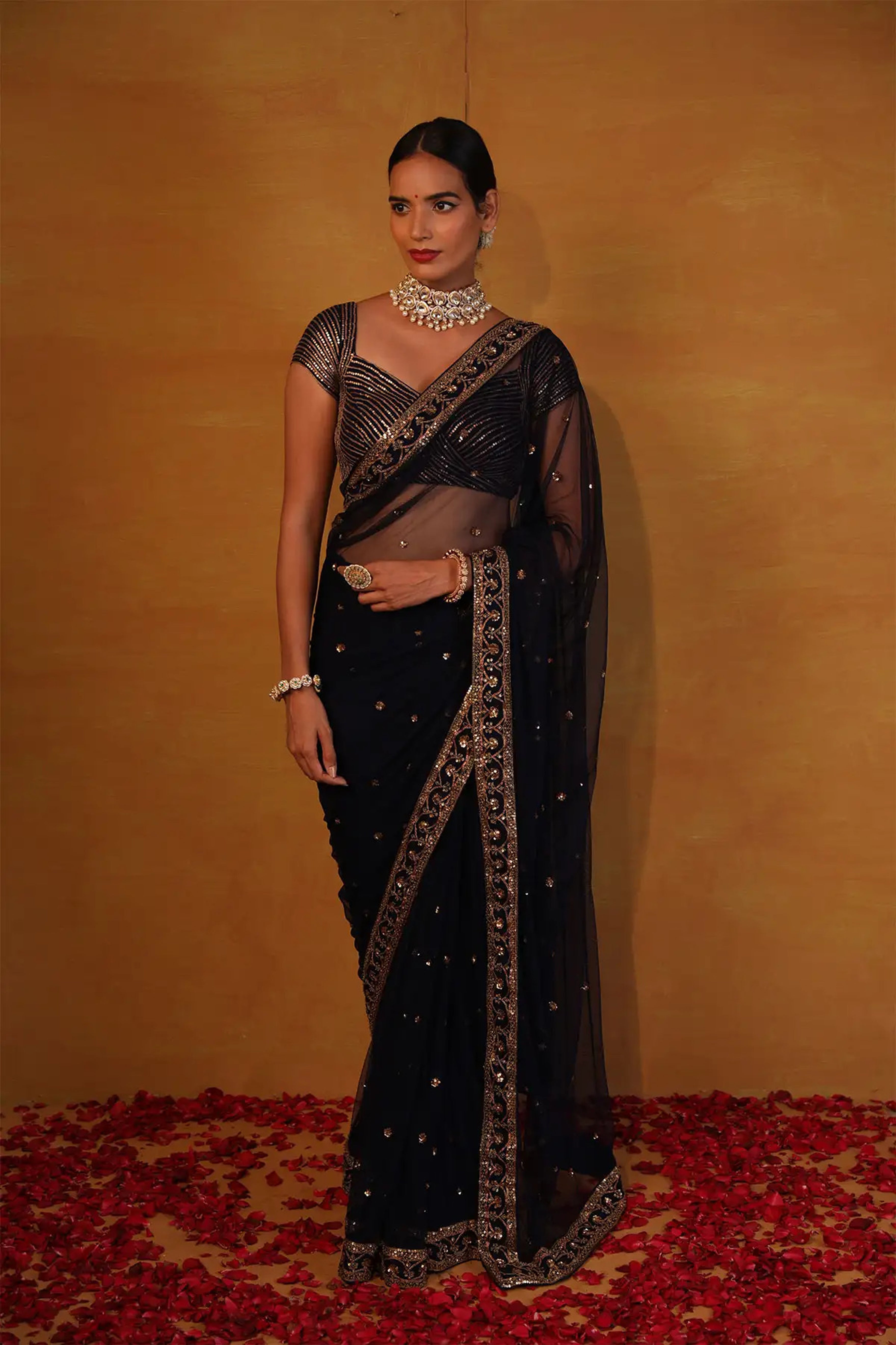 Esha Koul - Navy blue Net Saree Set
