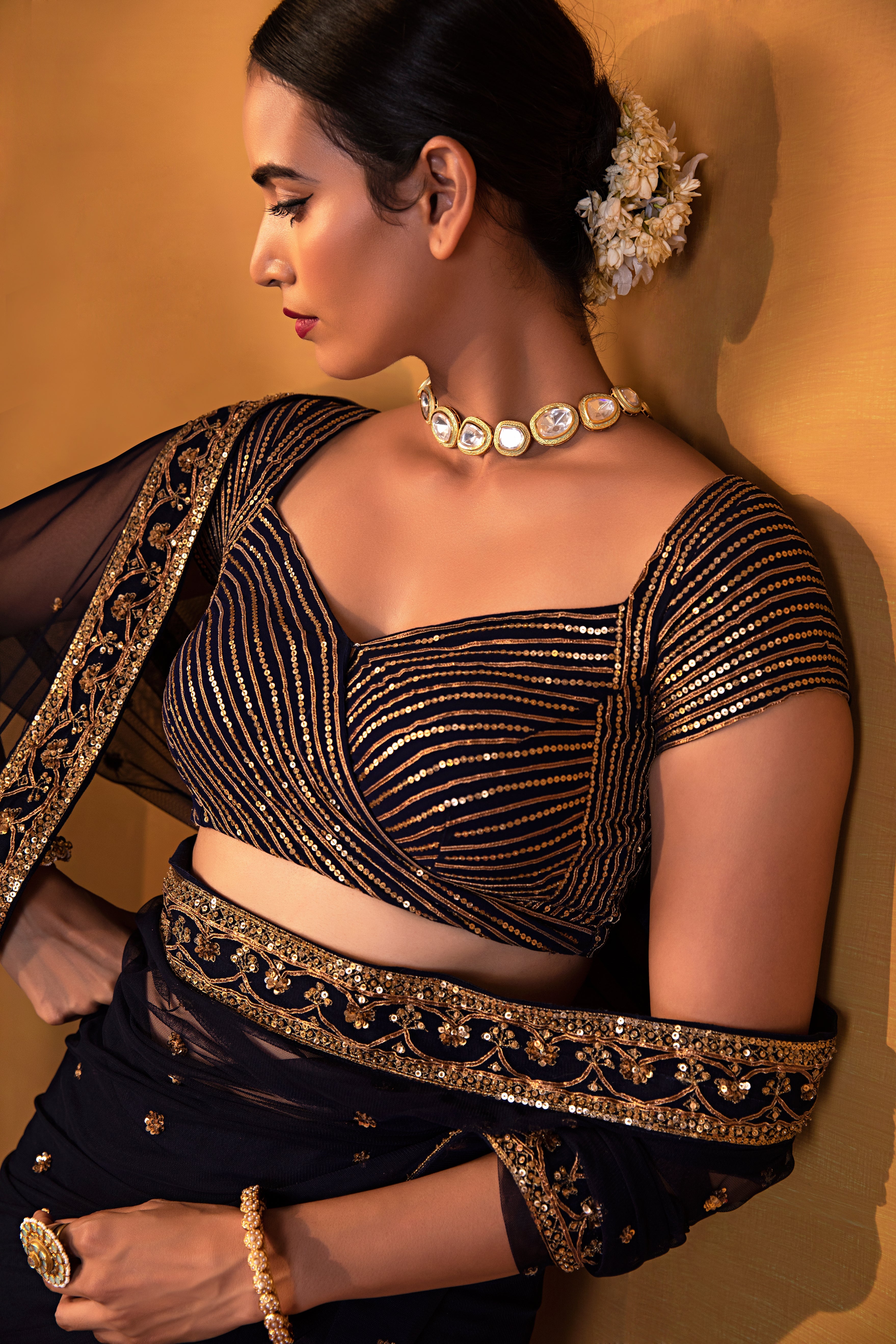 Esha Koul - Navy blue Net Saree Set