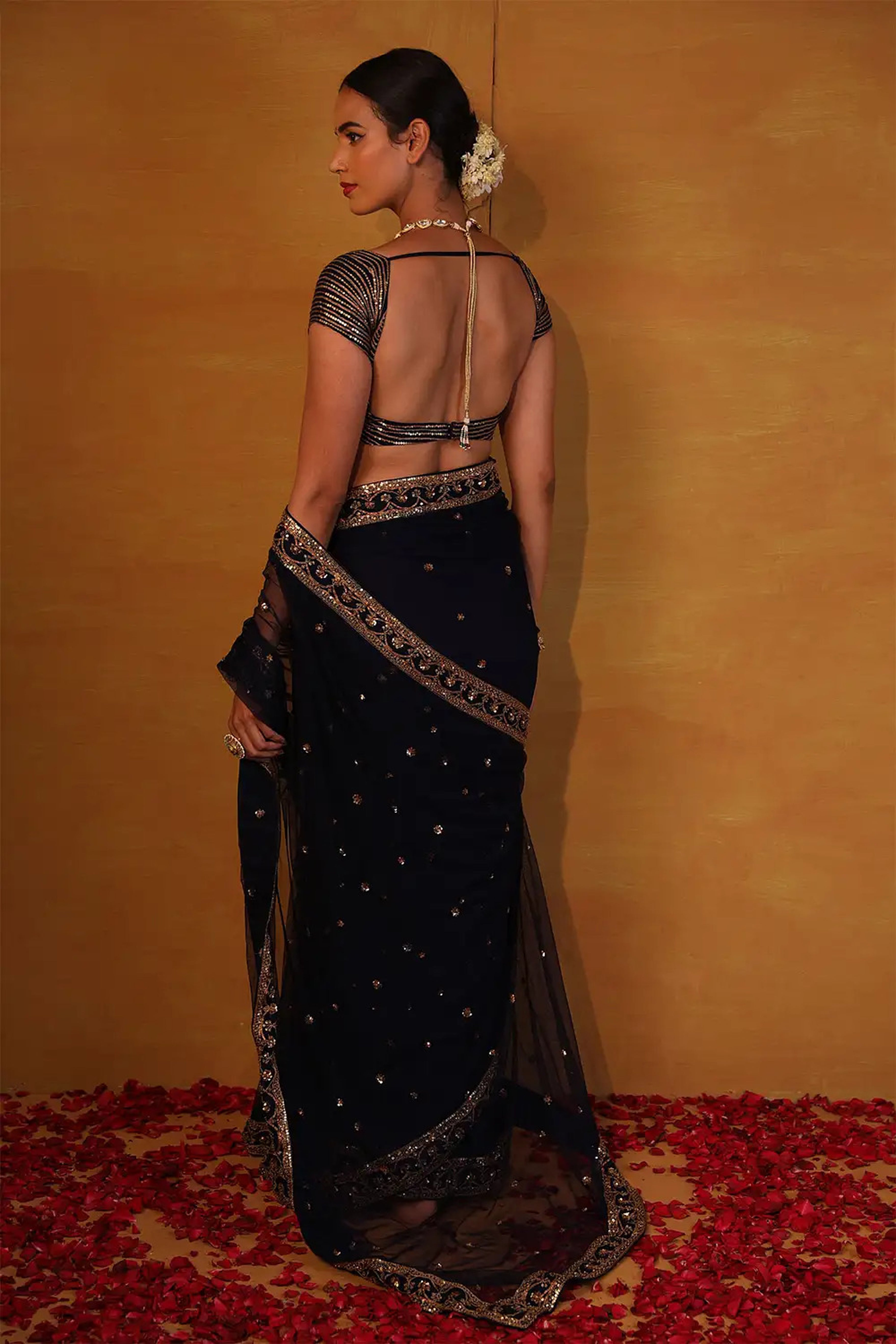 Esha Koul - Navy blue Net Saree Set