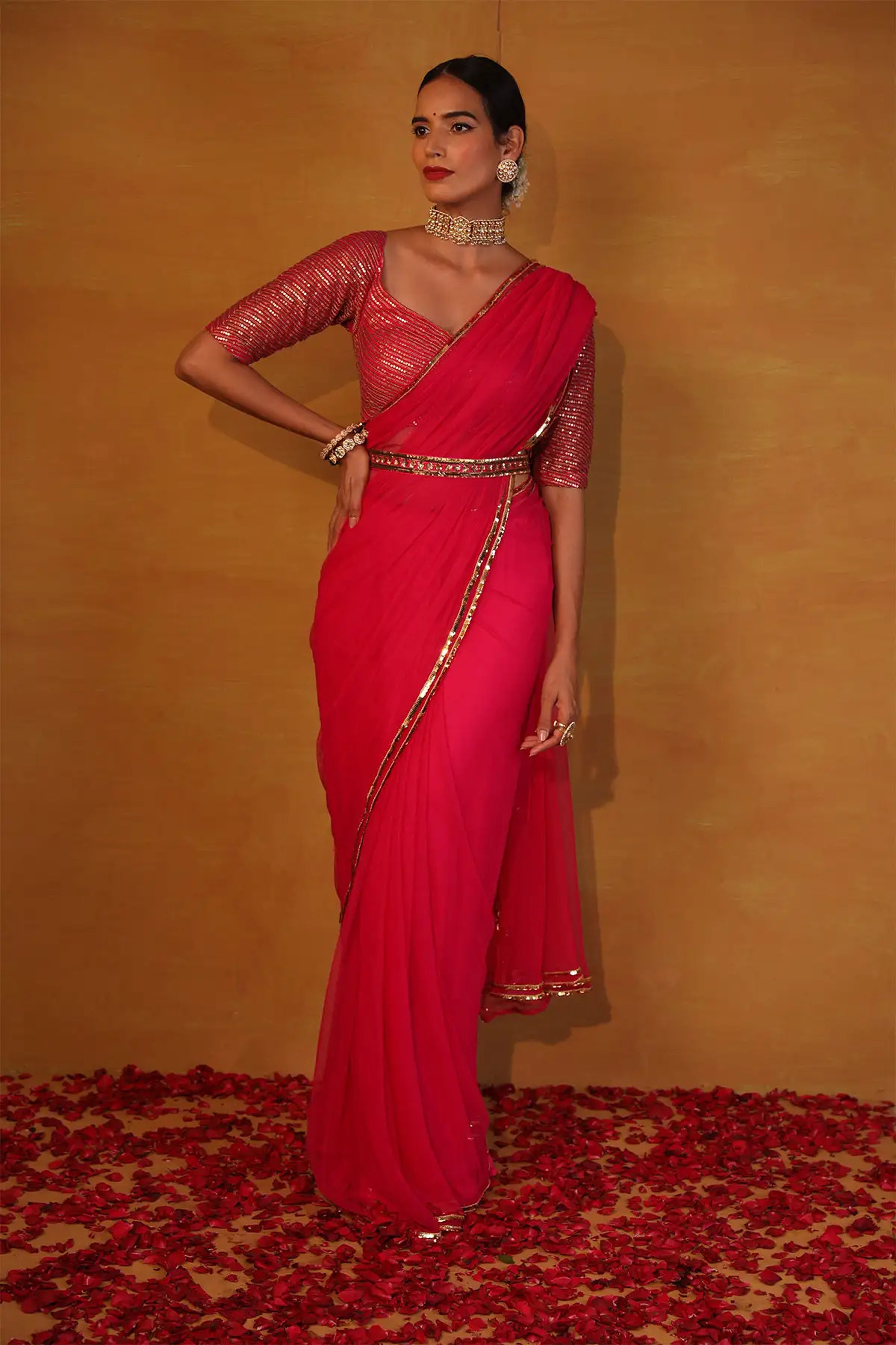 Esha Koul - Hot Pink Net Saree With Belt Set