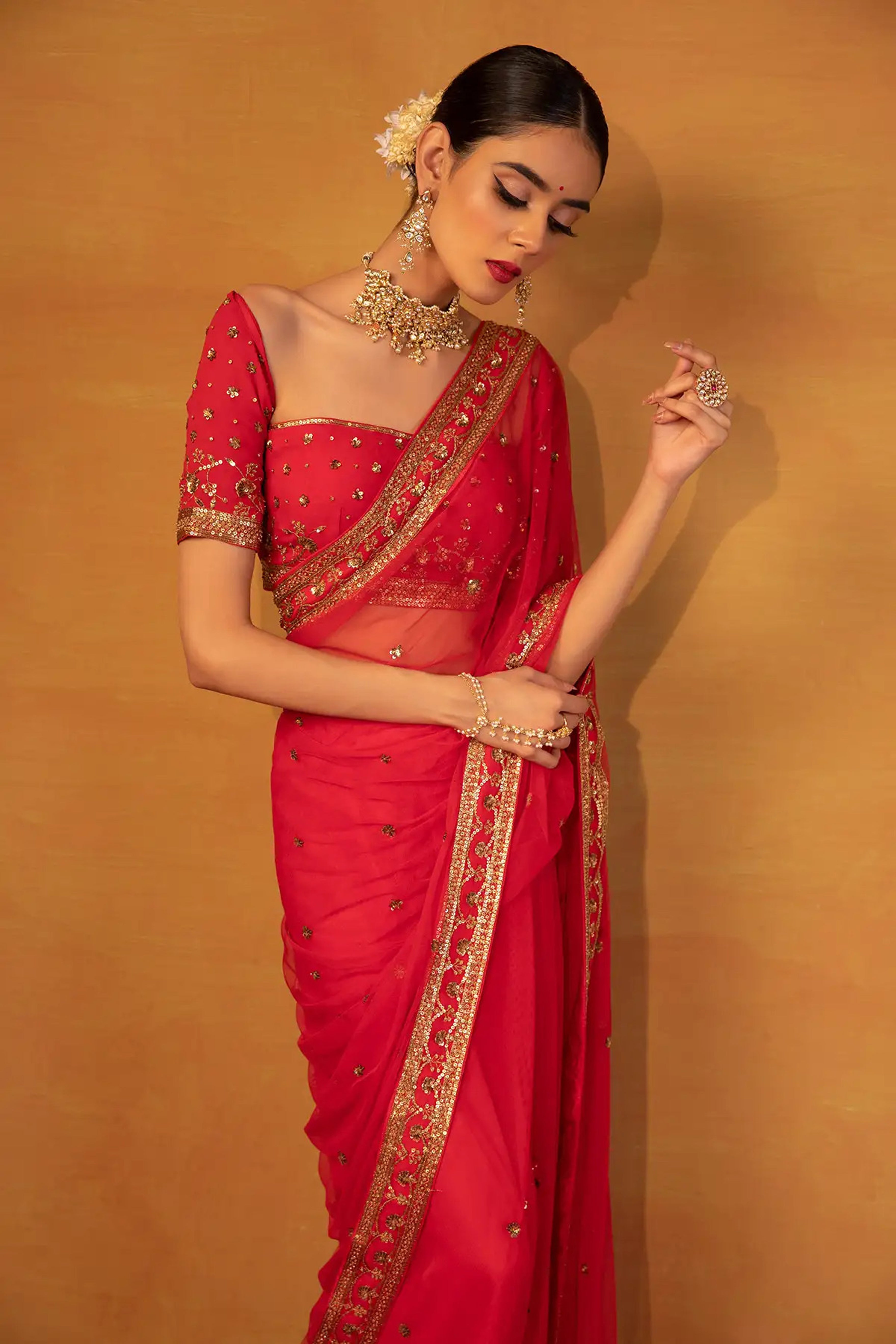 Esha Koul - Red Net Saree Set