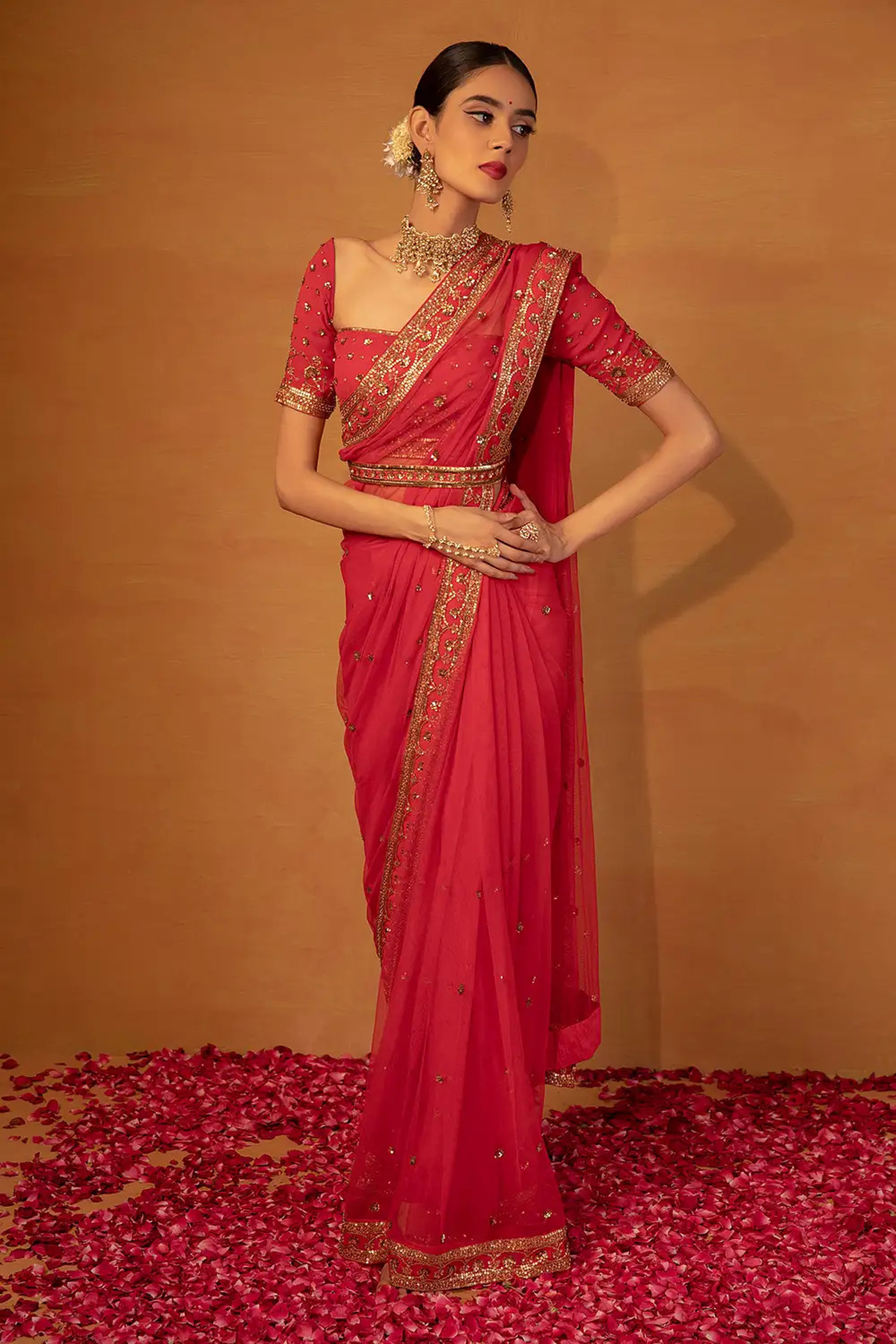 Esha Koul - Red Net Saree Set