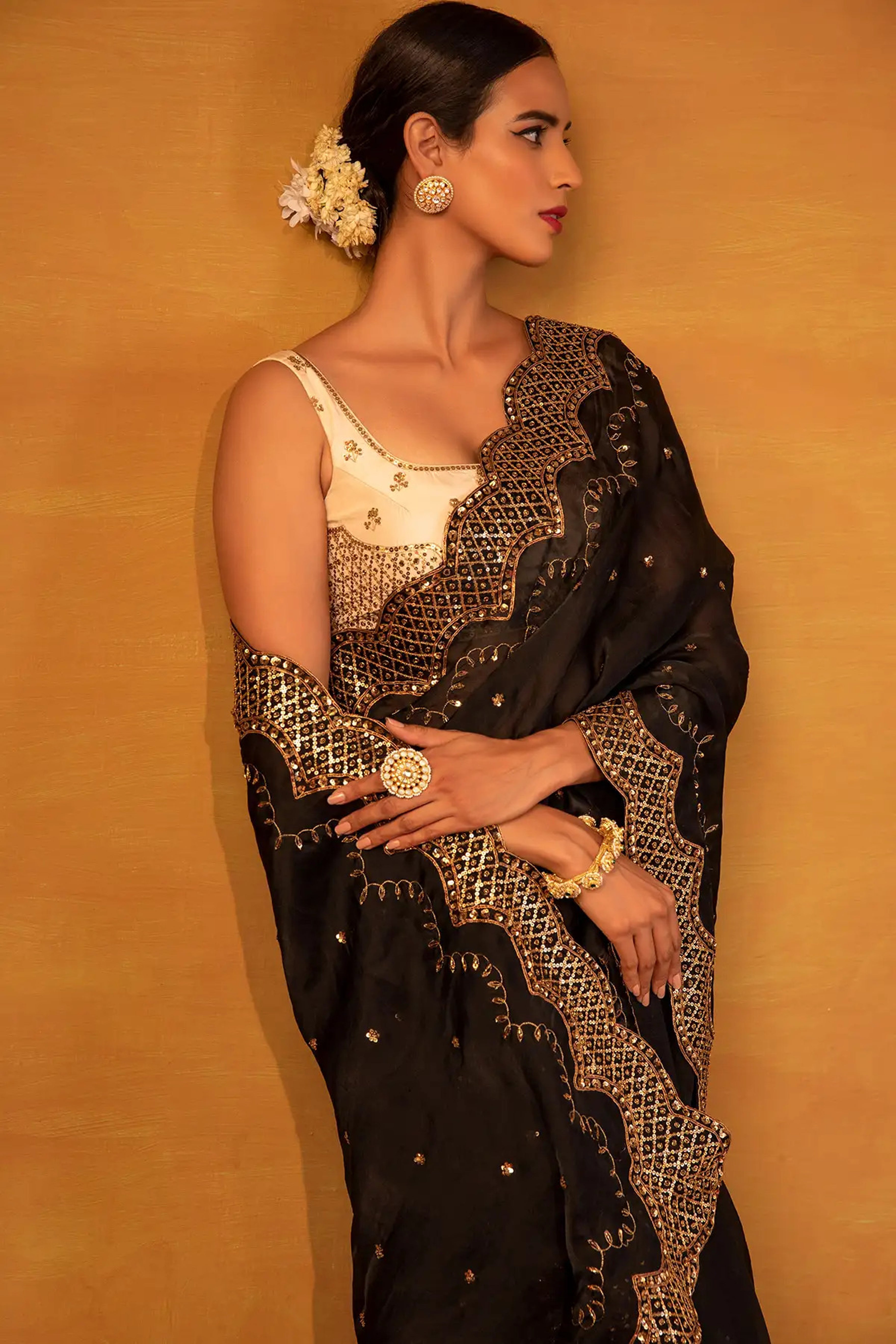 Esha Koul - Black Organza Saree Set