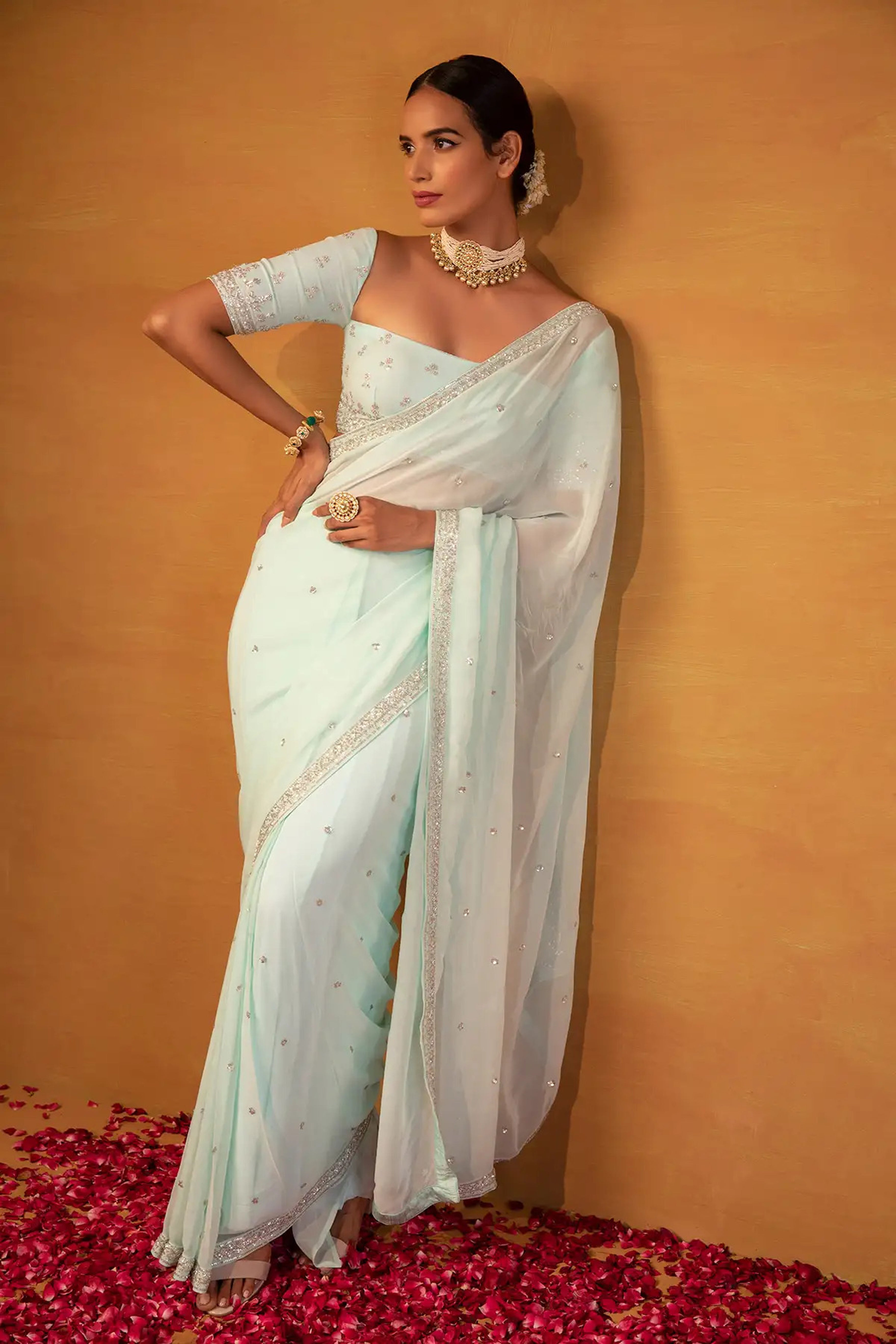Esha Koul - Aqua Blue Georgette Saree Set