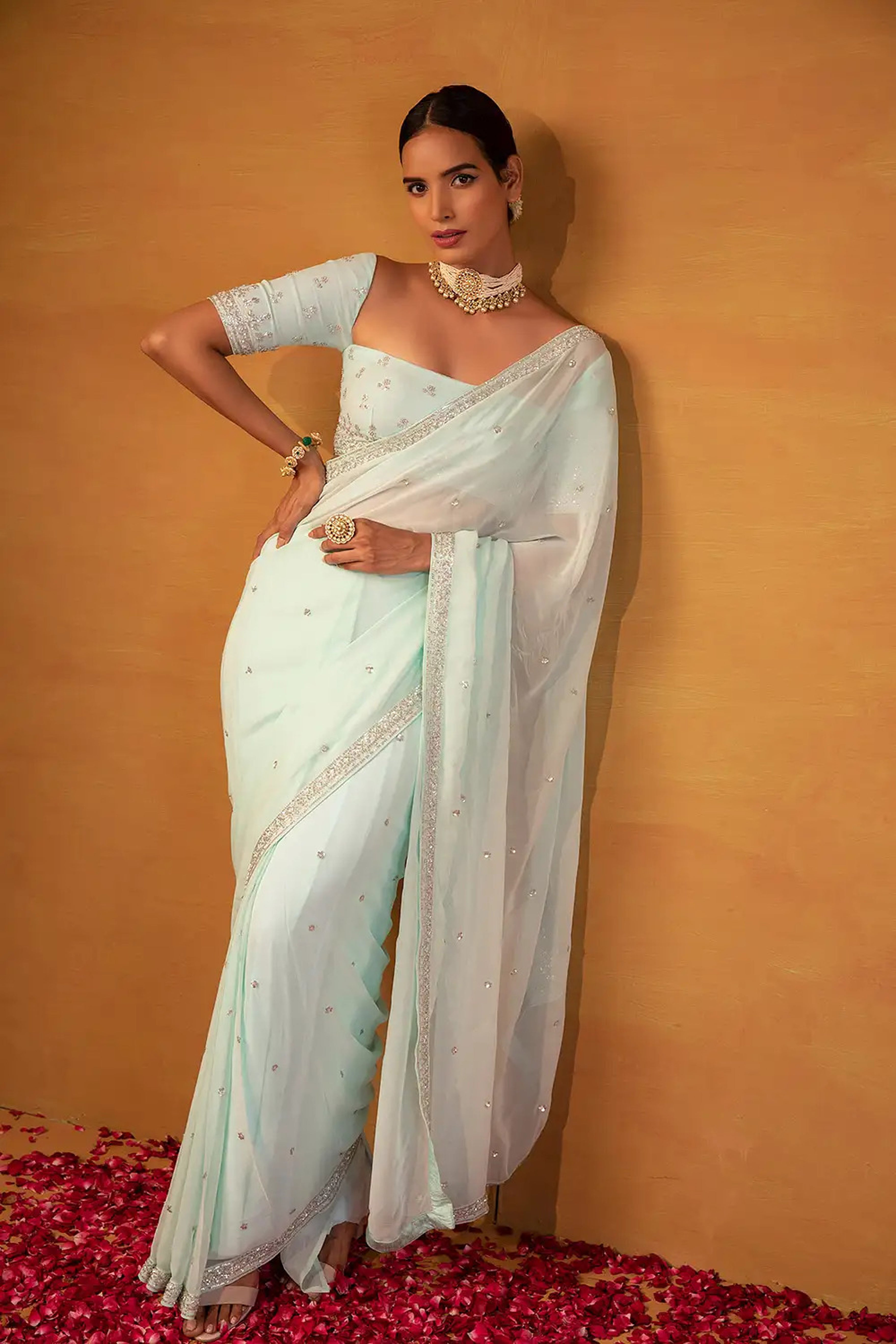 Esha Koul - Aqua Blue Georgette Saree Set