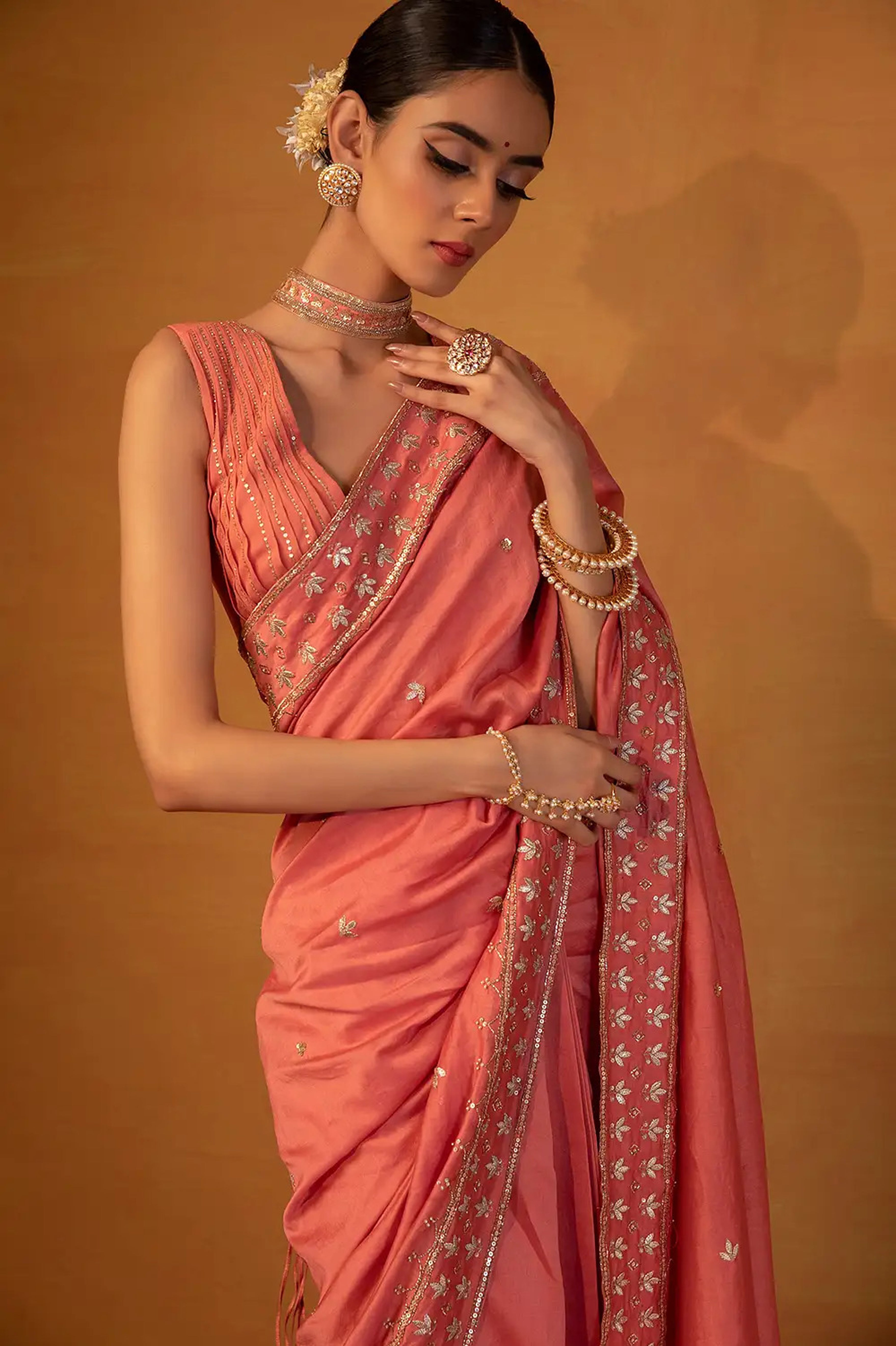 Esha Koul - Peach Pink Chanderi Saree Set