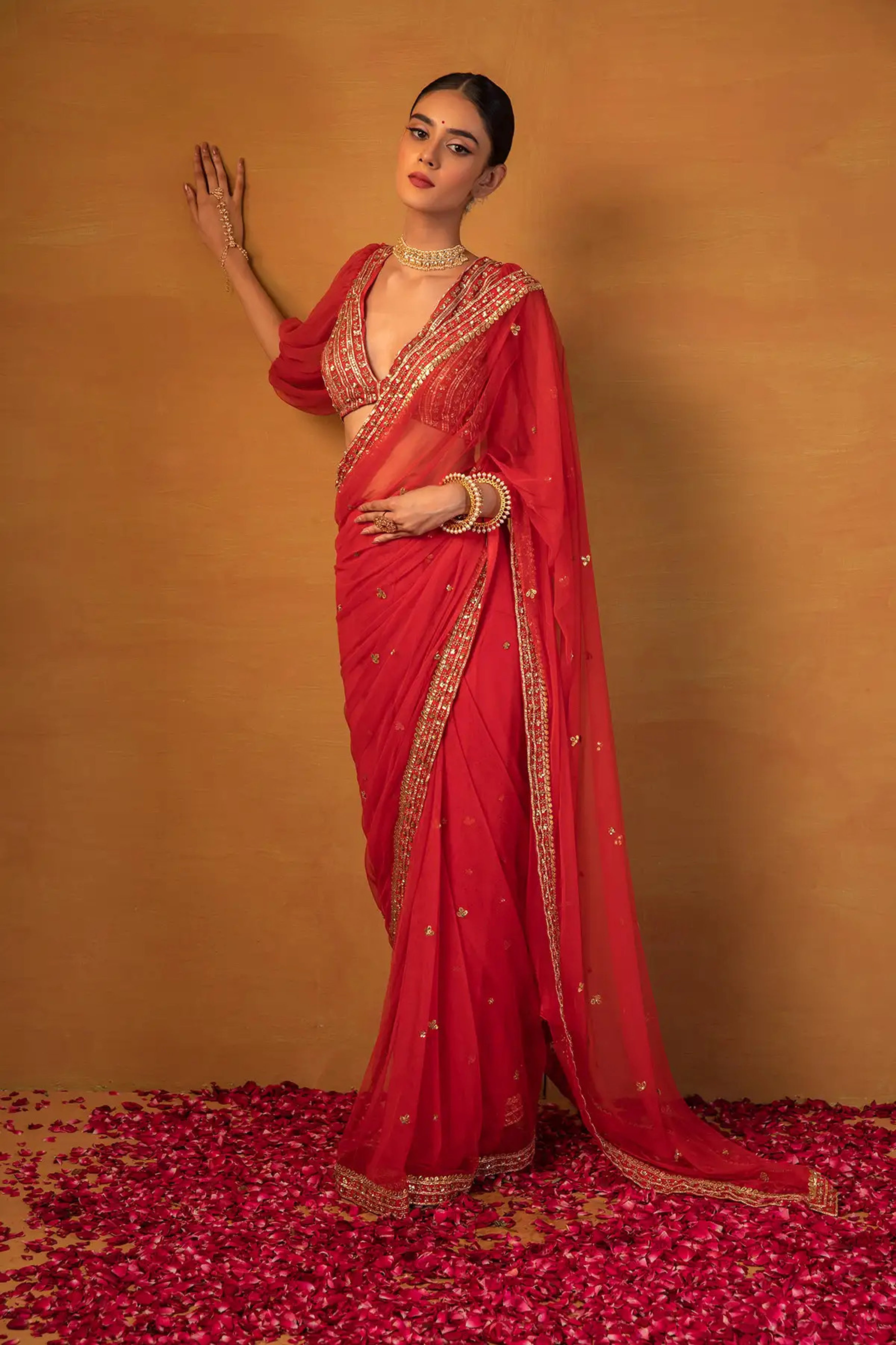 Esha Koul - Orange Net Saree Set