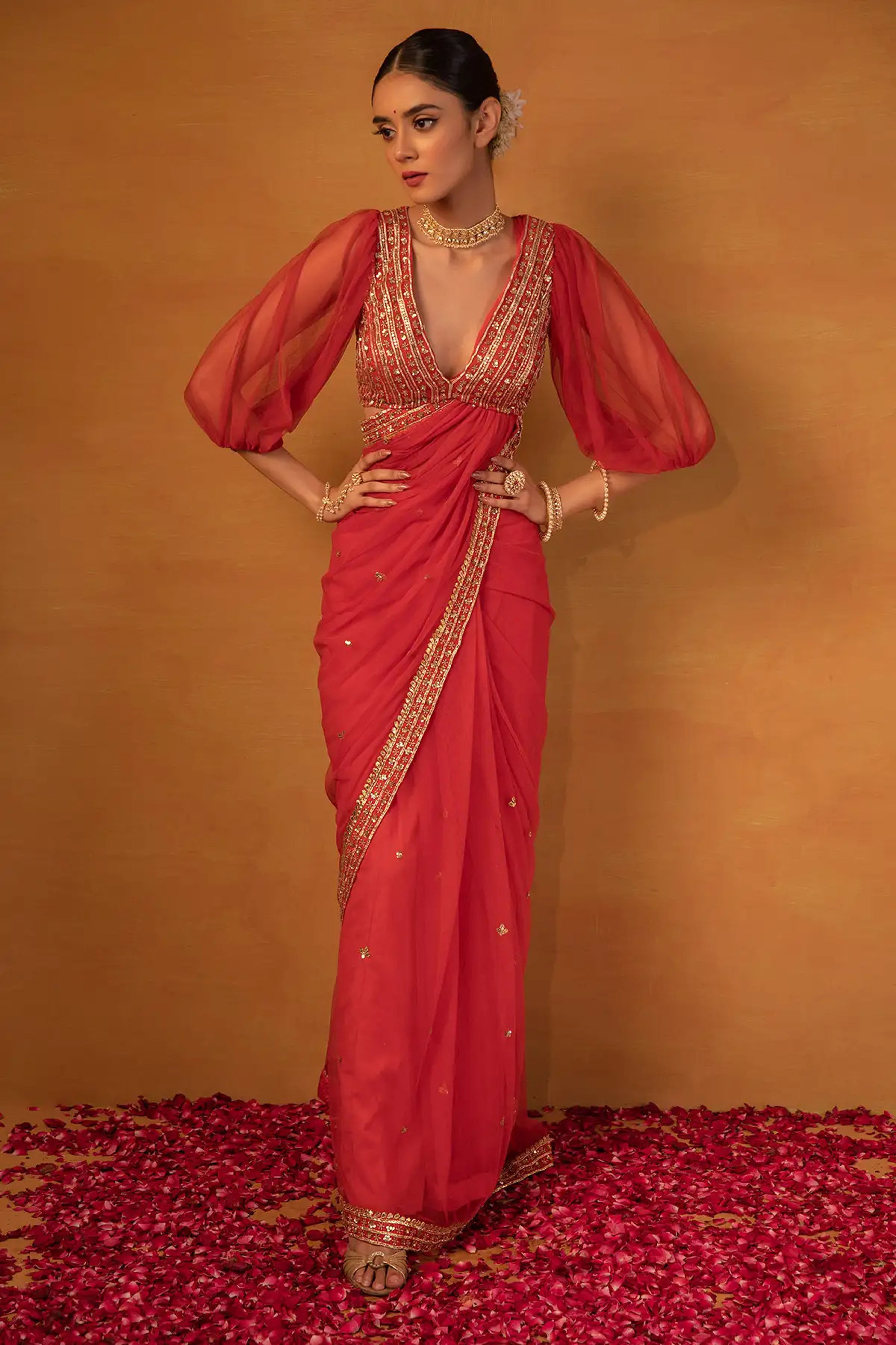 Esha Koul - Orange Net Saree Set