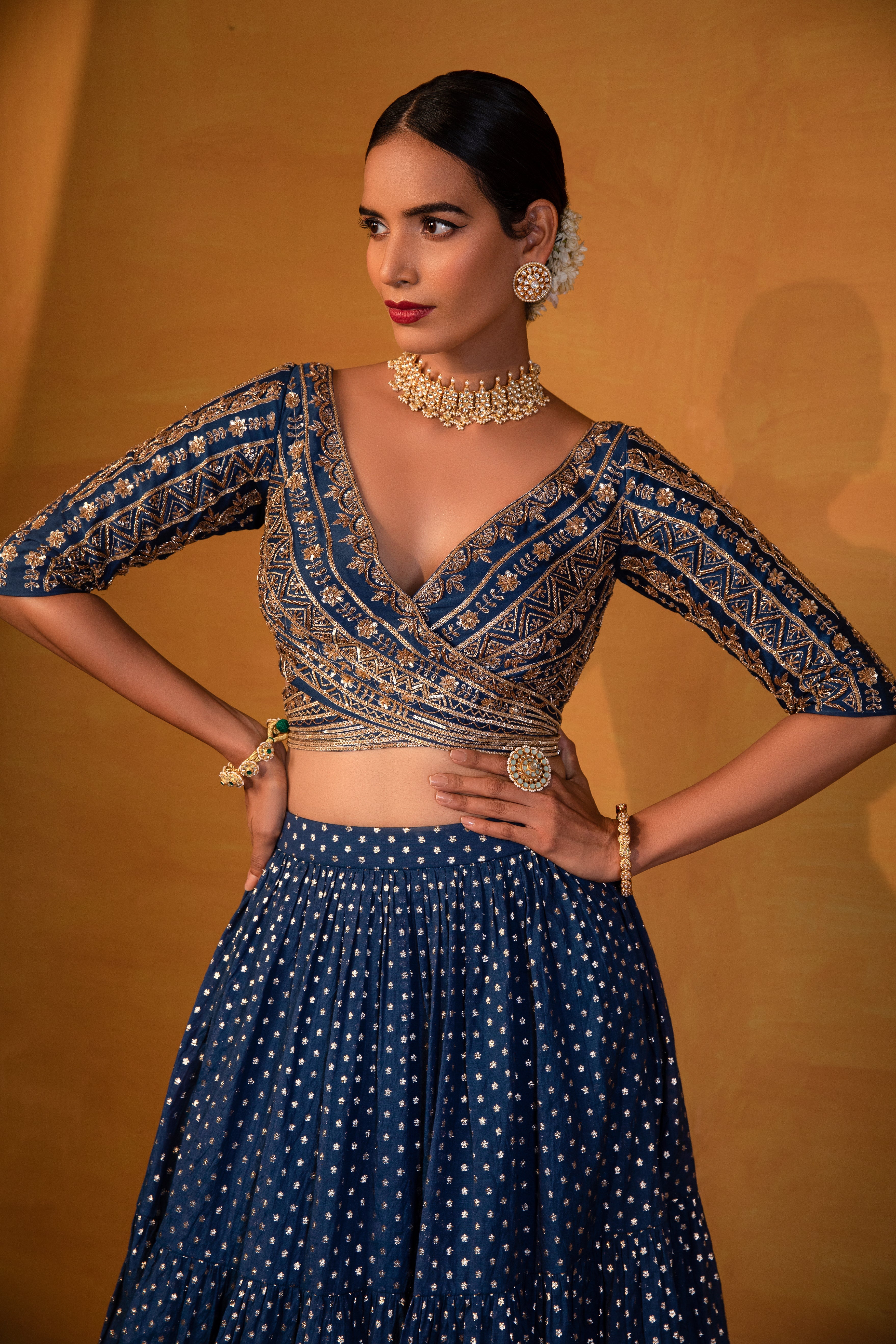 Esha Koul - Dark Blue Textured Lehenga Set