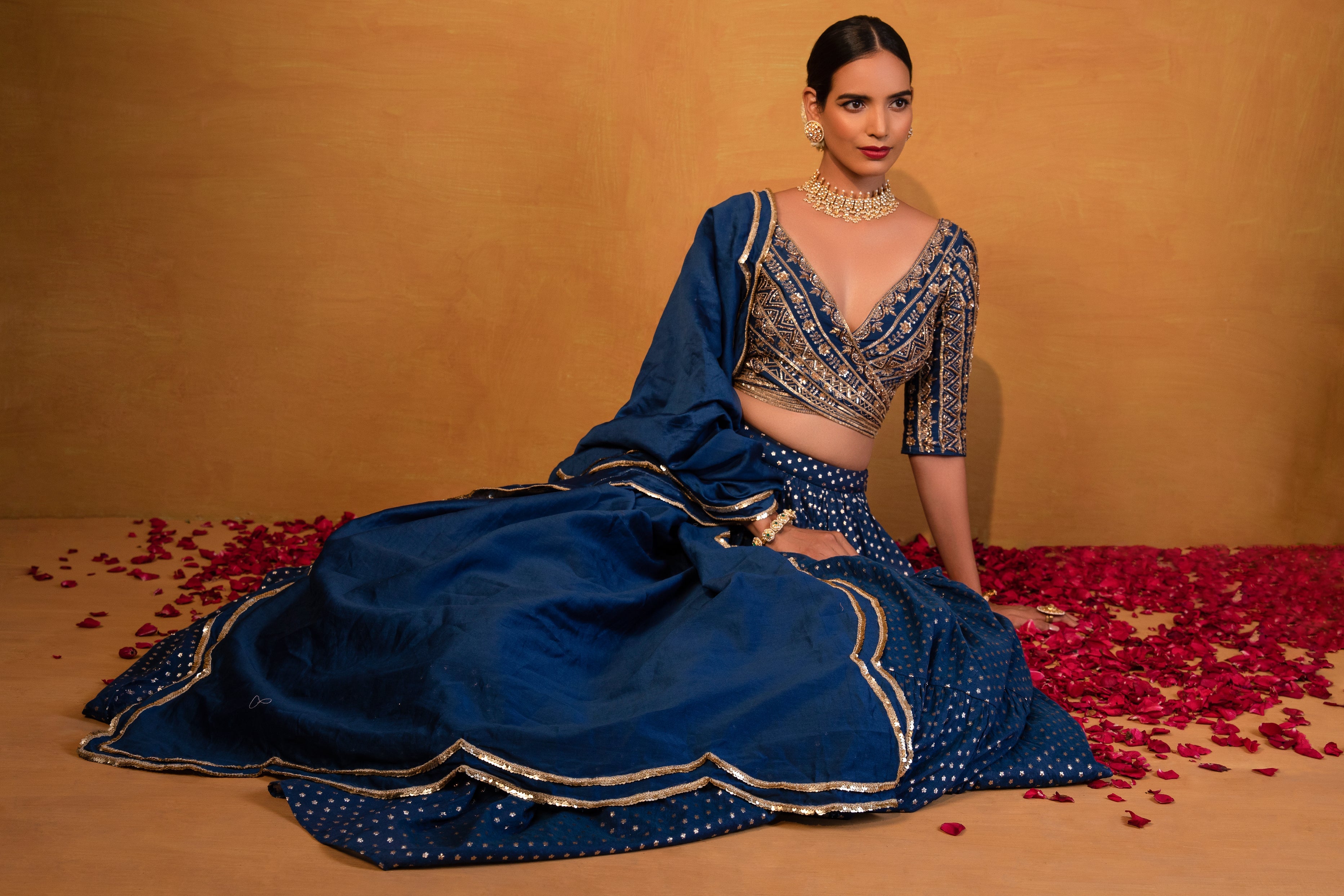 Esha Koul - Dark Blue Textured Lehenga Set