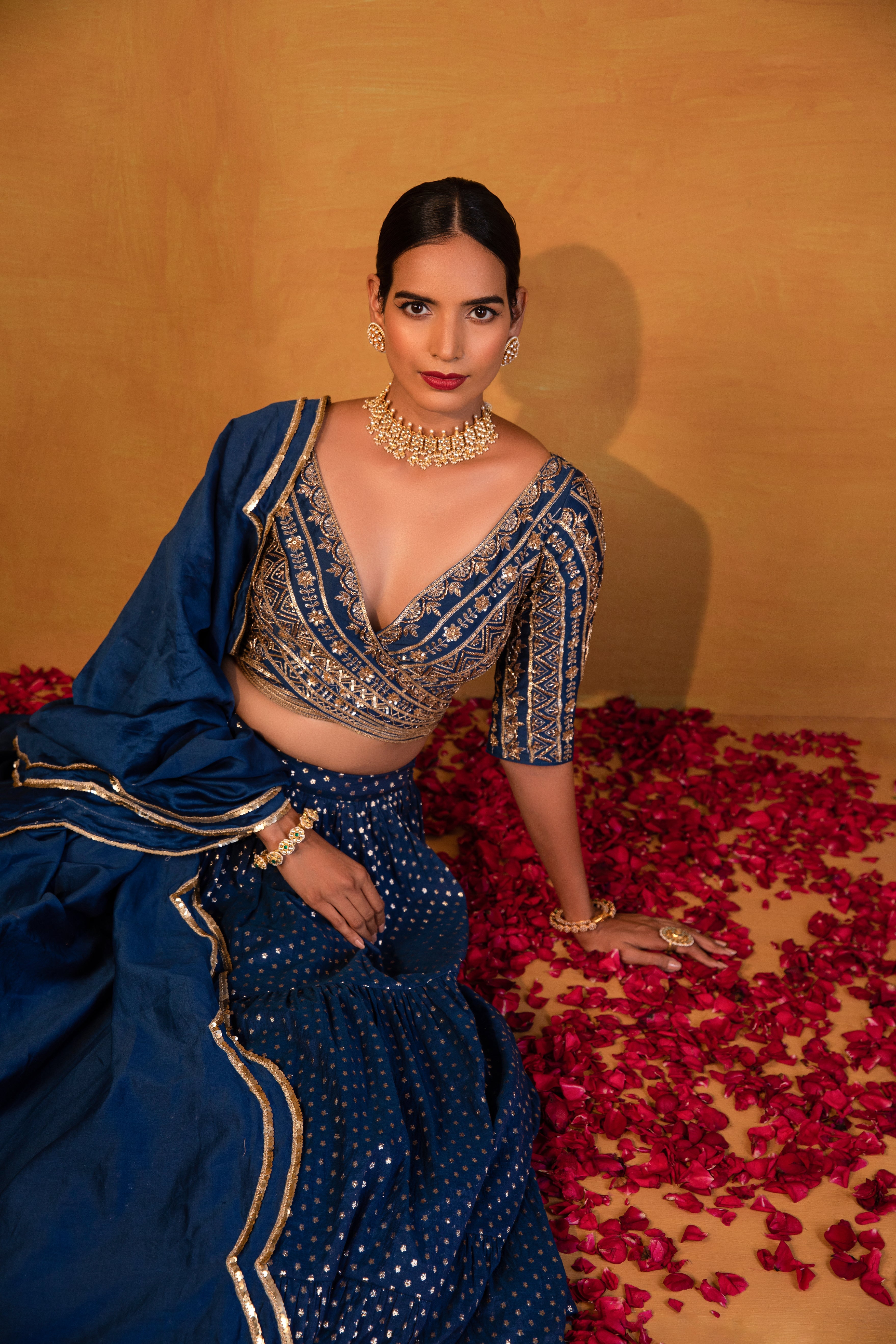 Esha Koul - Dark Blue Textured Lehenga Set