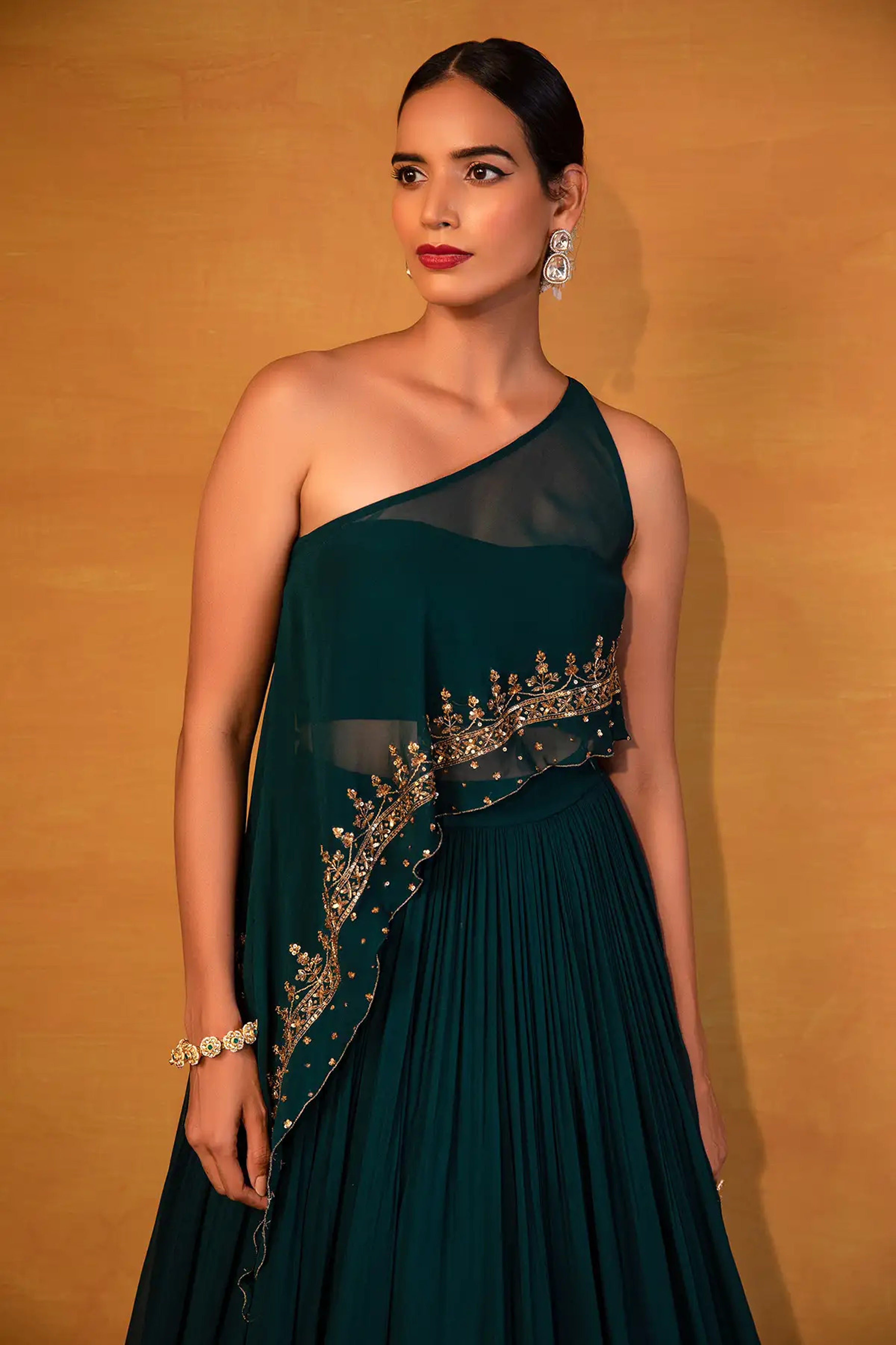 Esha Koul - Emerald Green Cape & Skirt Set