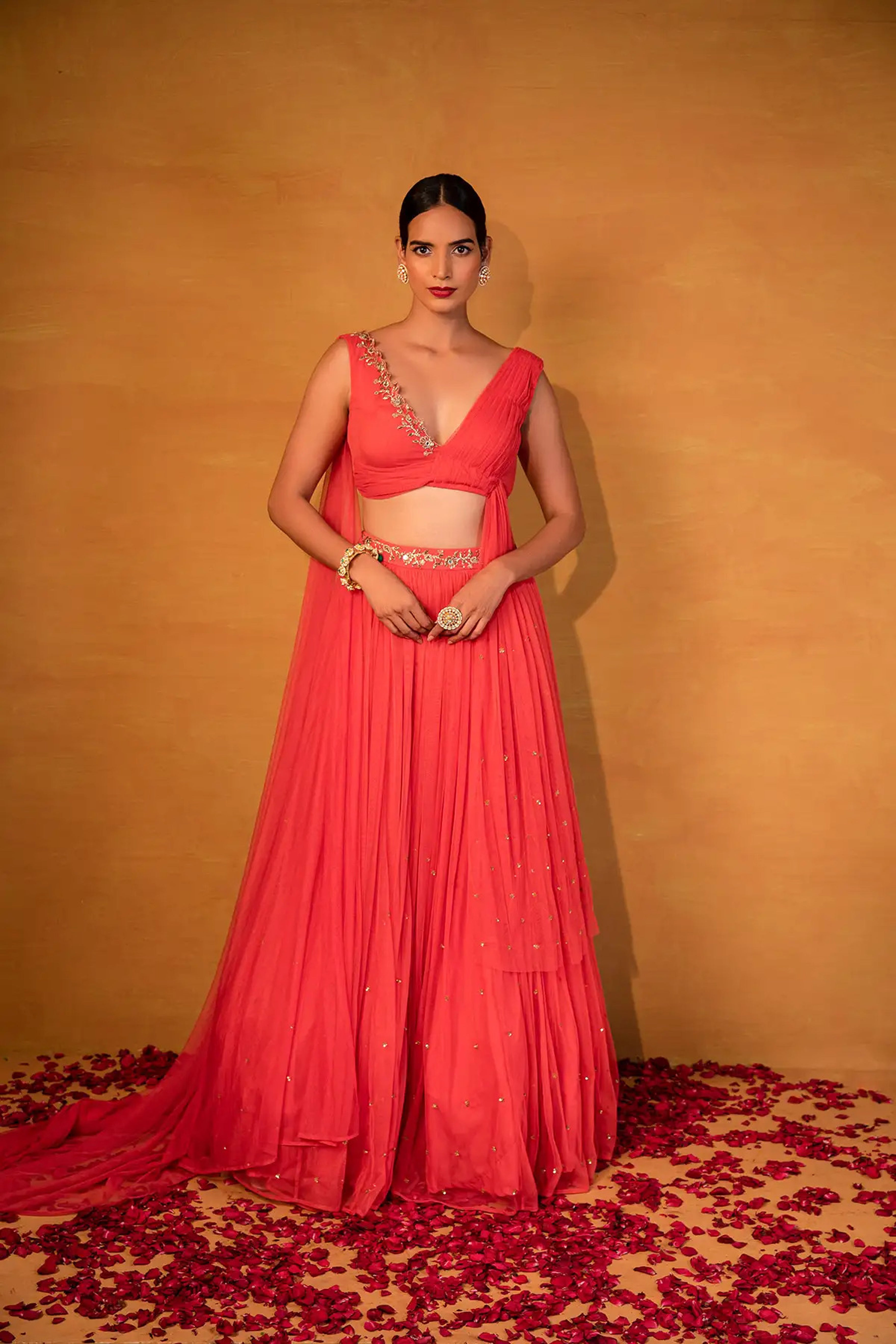 Esha Koul - Peach Pink Drape Skirt Set