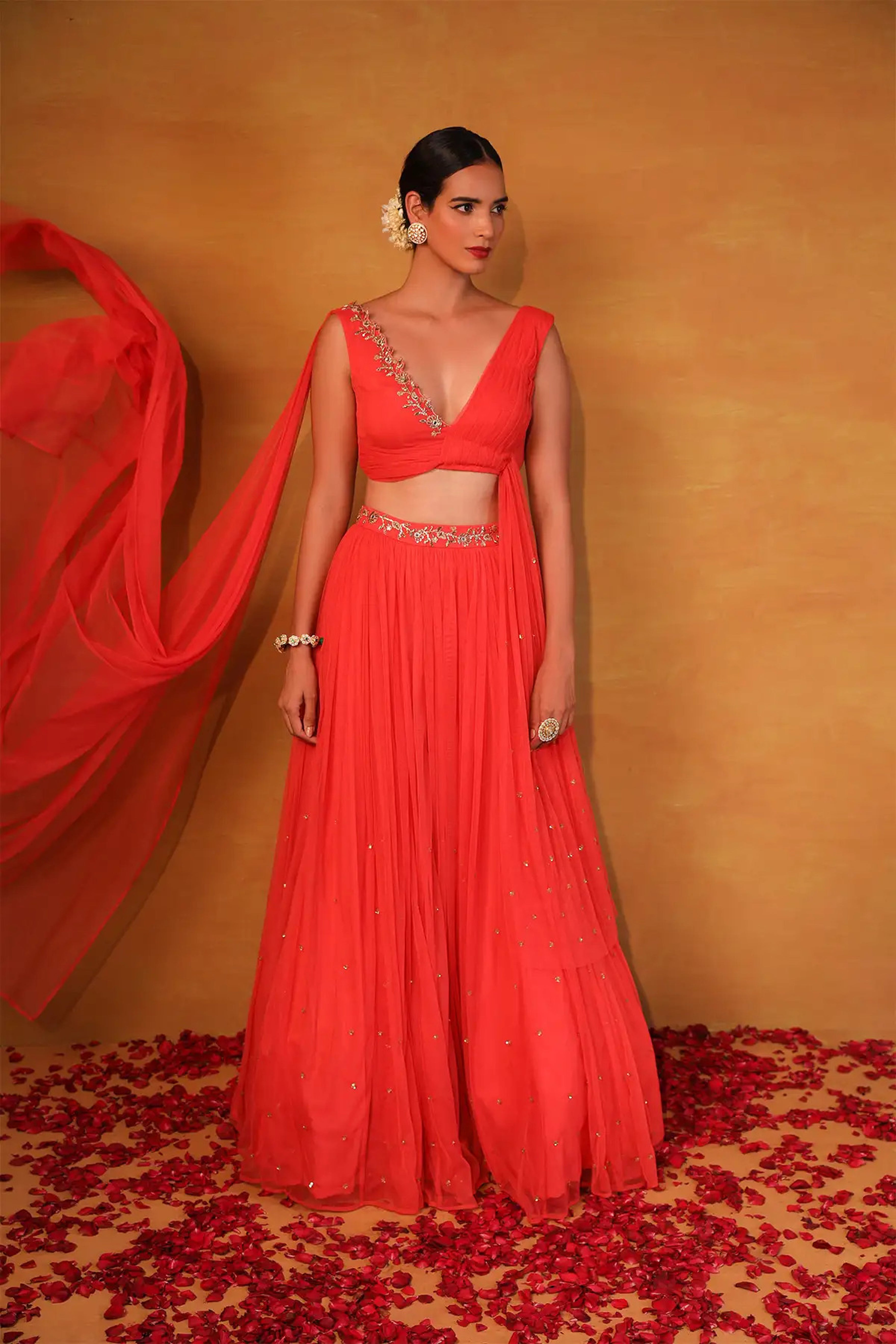 Esha Koul - Peach Pink Drape Skirt Set