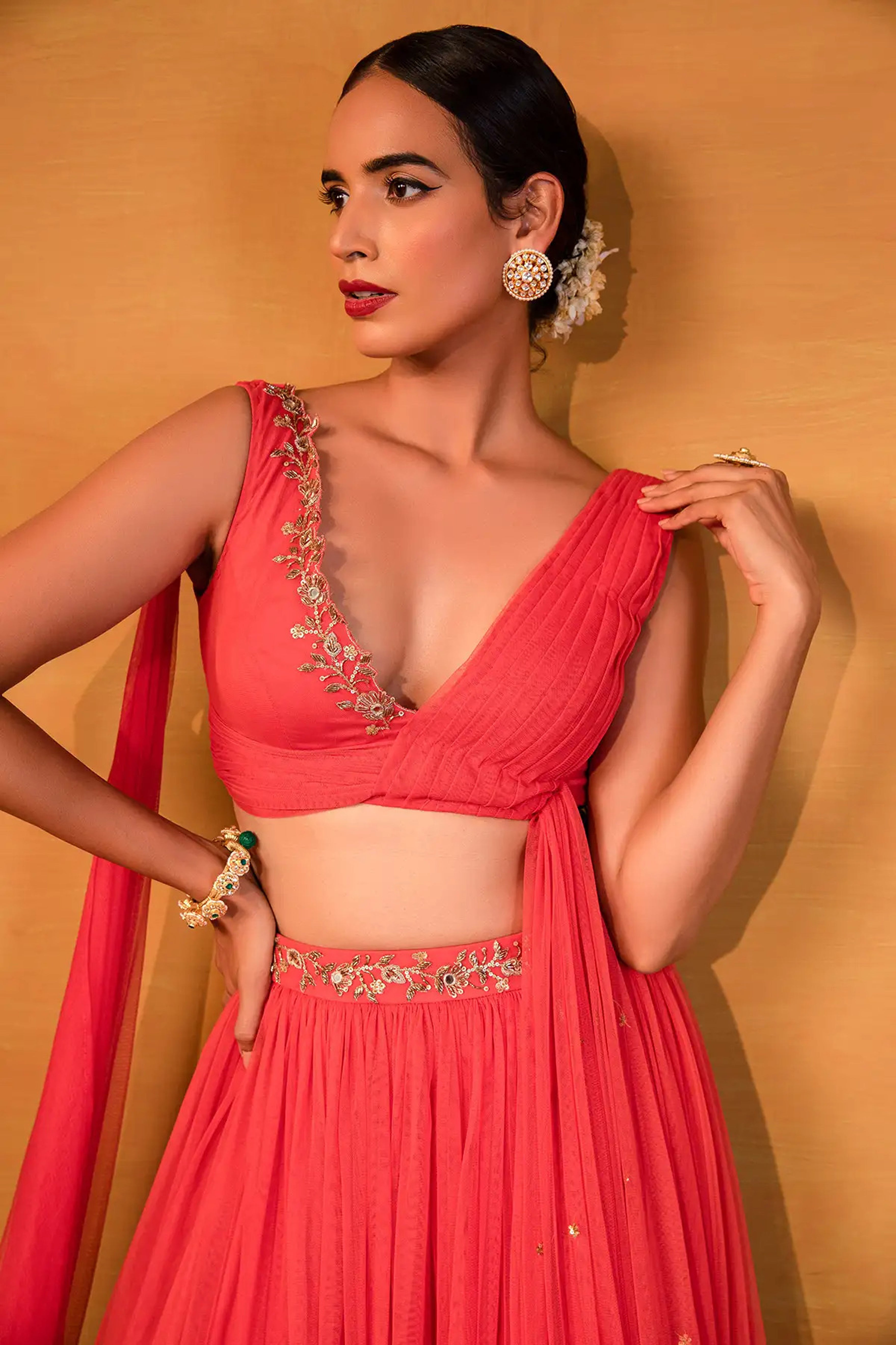 Esha Koul - Peach Pink Drape Skirt Set