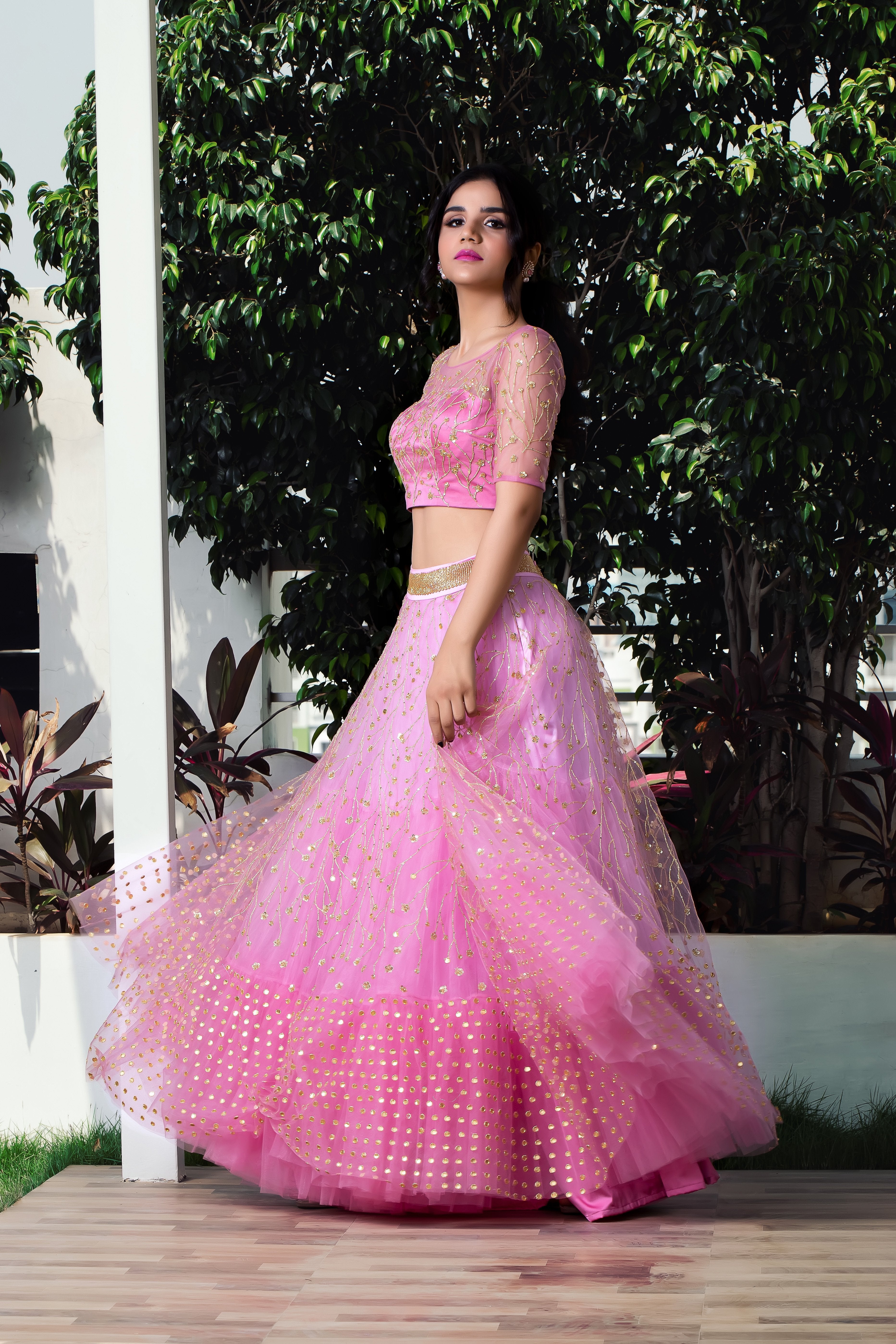 Label G3 By Gayathri Reddy - Onion Pink Ombre Effect Tiered Tulle Lehanga Set