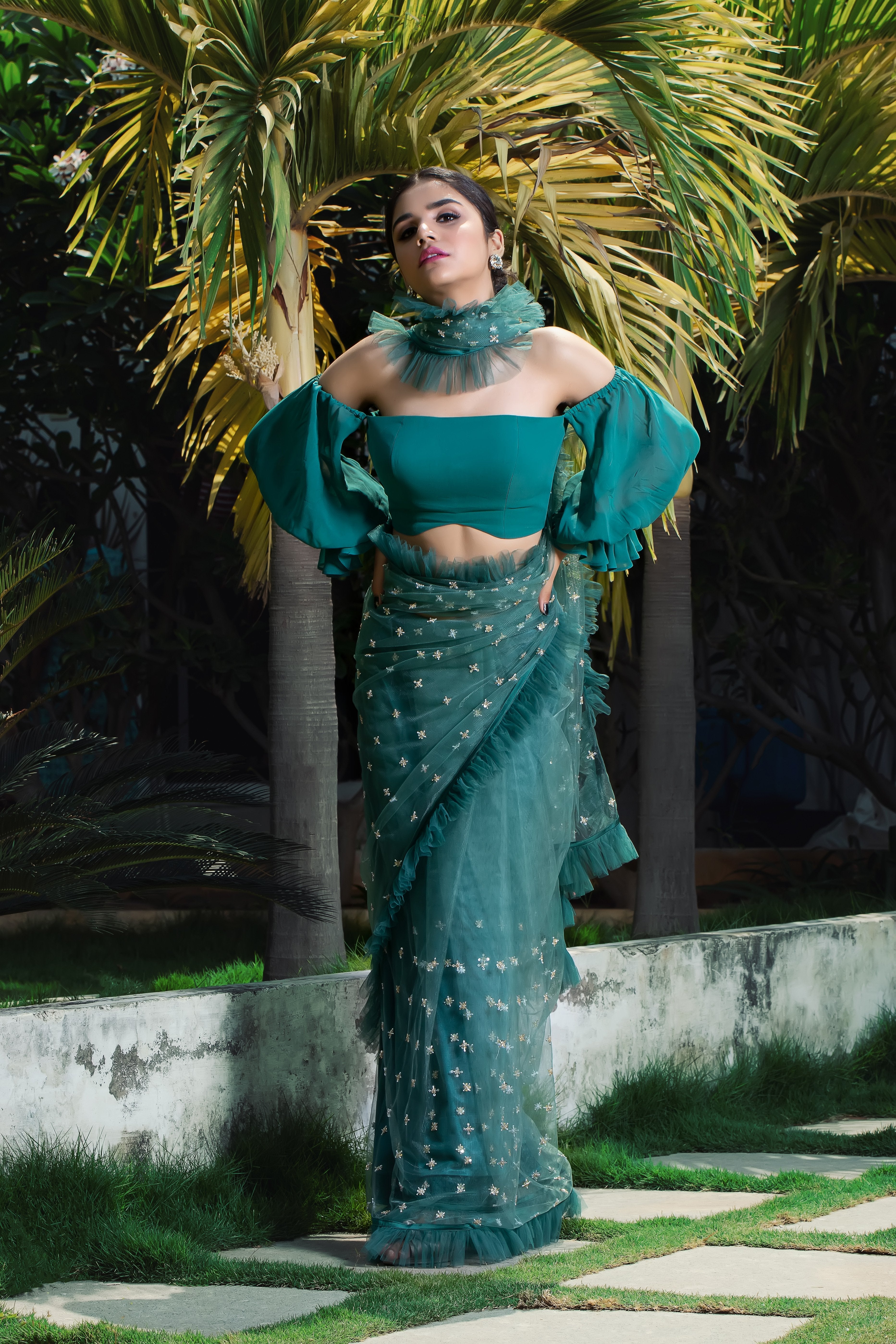 Label G3 By Gayathri Reddy - Bluish Green Frill Detailed Saree
