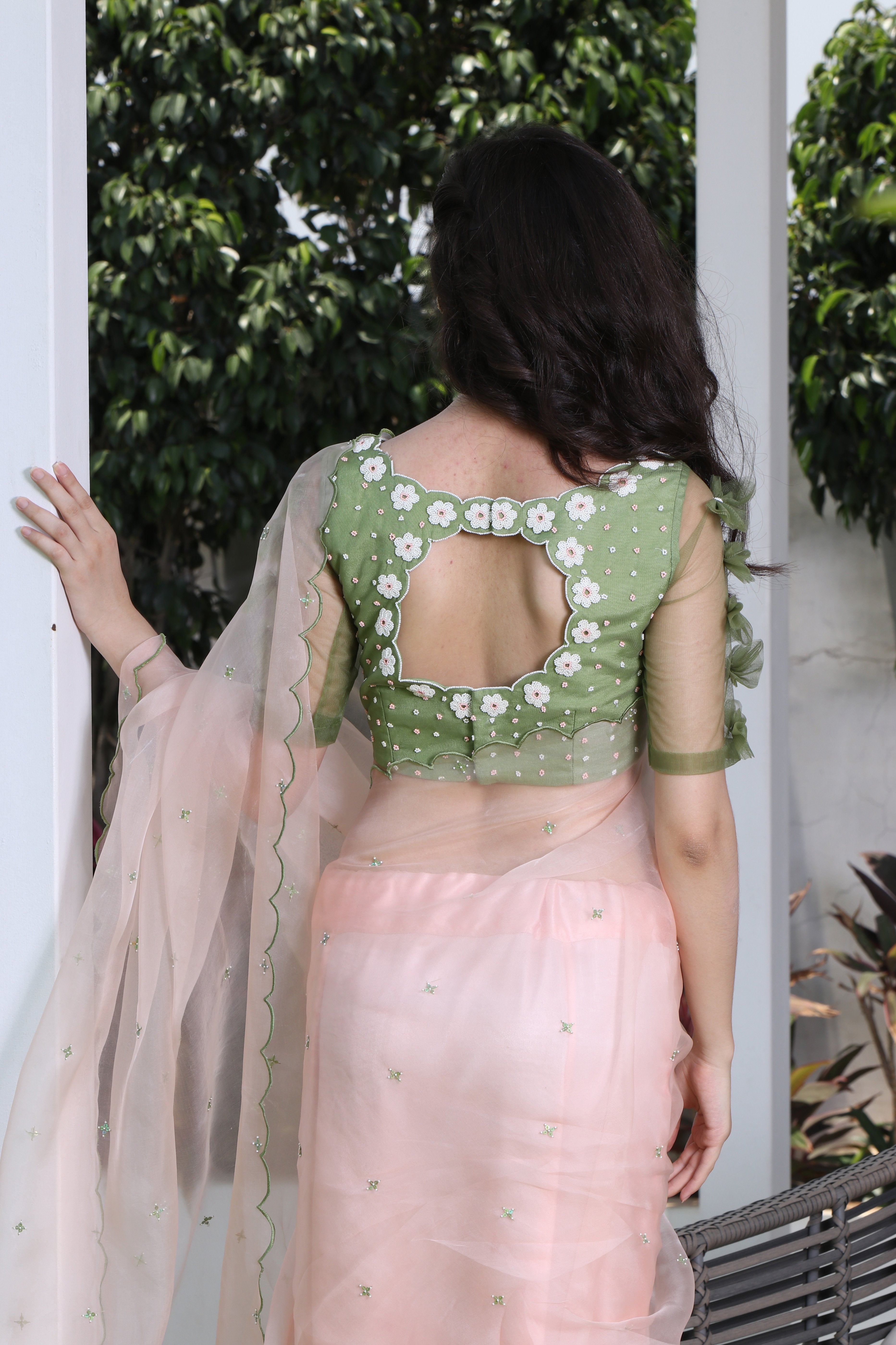 Label G3 By Gayathri Reddy - Peach Scallop Detailed Saree with Bow Detailed Blouse