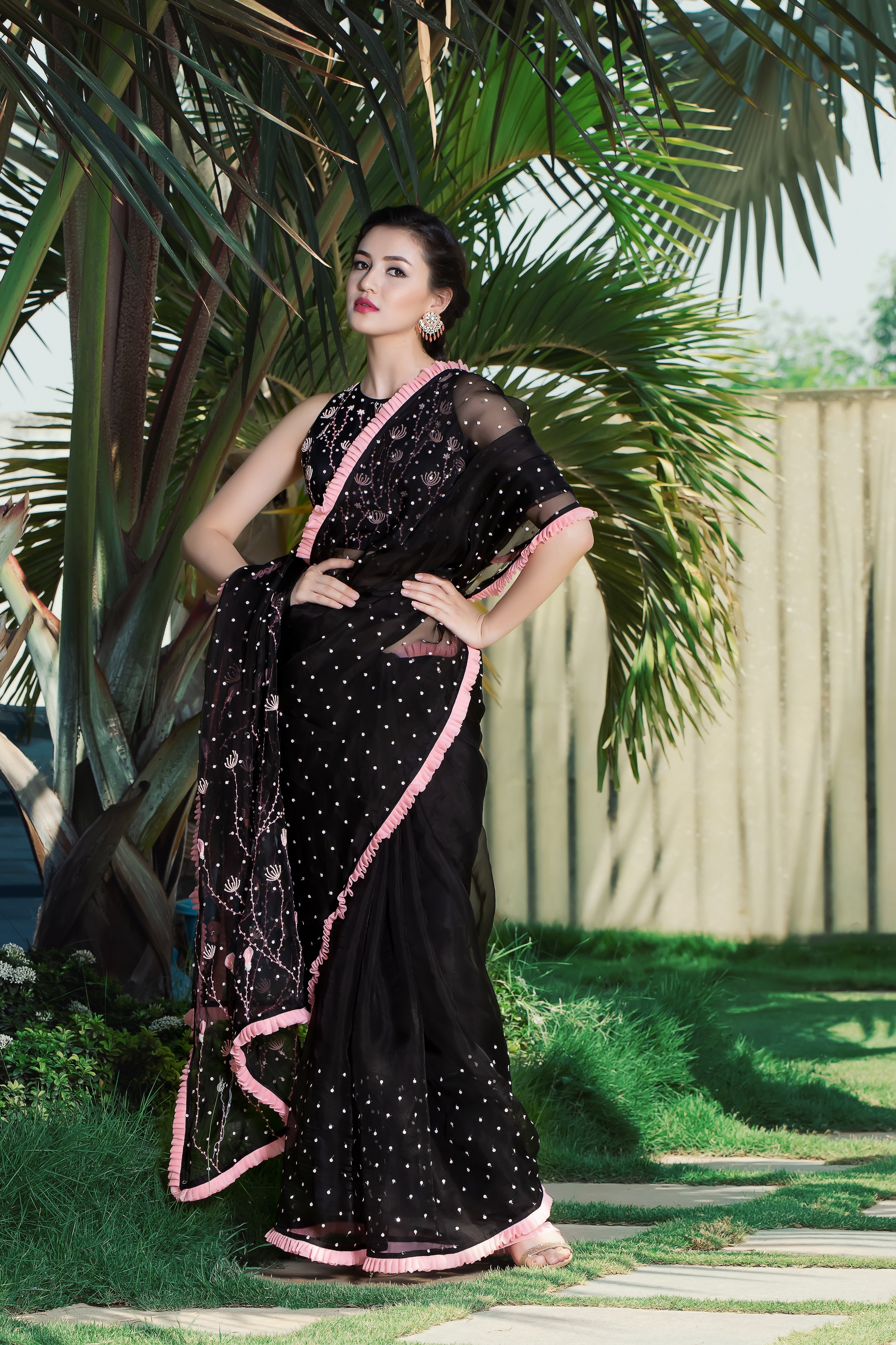 Label G3 By Gayathri Reddy - Black Saree Embellished with Fabric Flowers