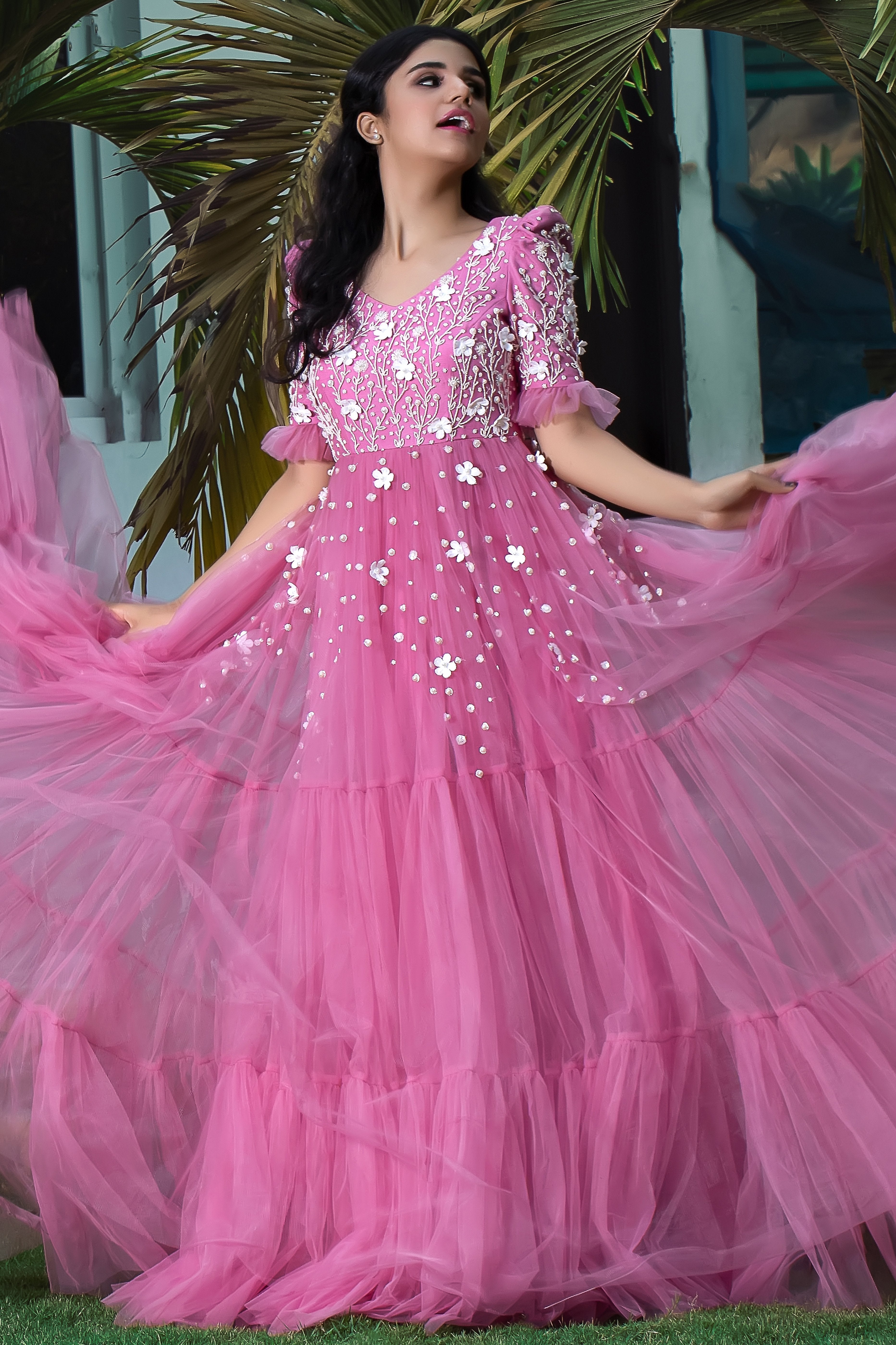 Label G3 By Gayathri Reddy - Onion Pink Floral Embellished Tiered Gown