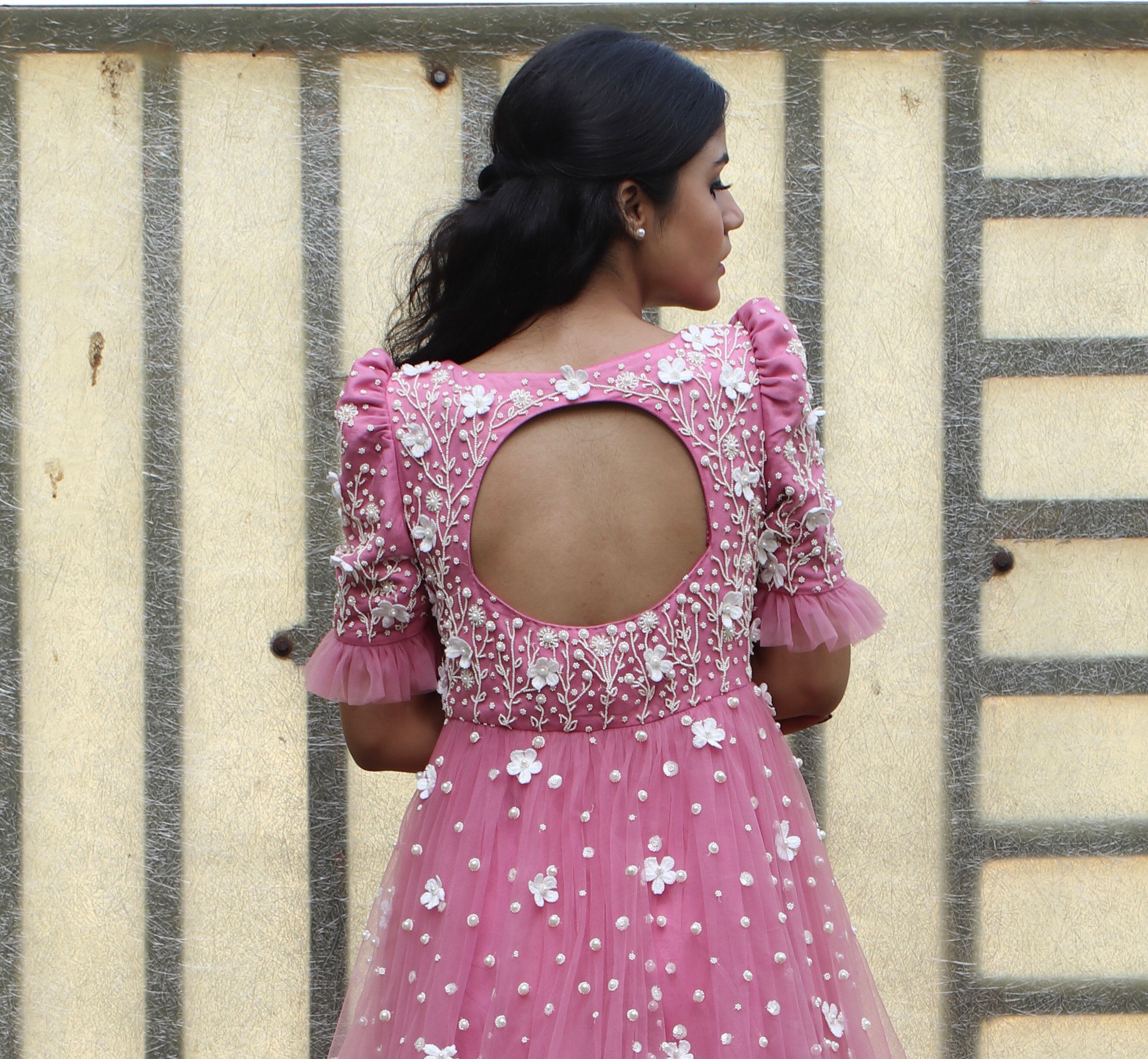 Label G3 By Gayathri Reddy - Onion Pink Floral Embellished Tiered Gown