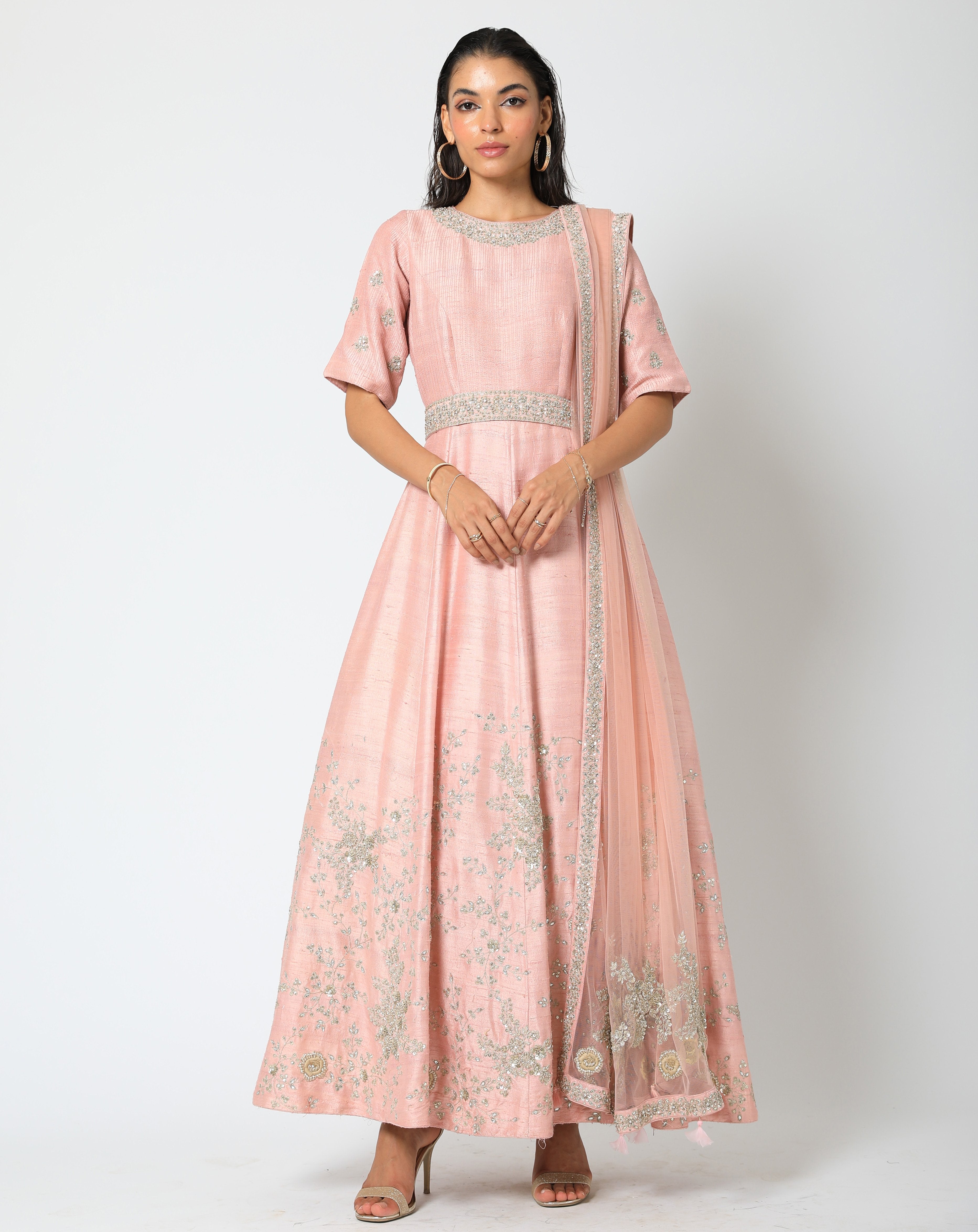 Romaa - Peach Embroidered Gown With Dupatta