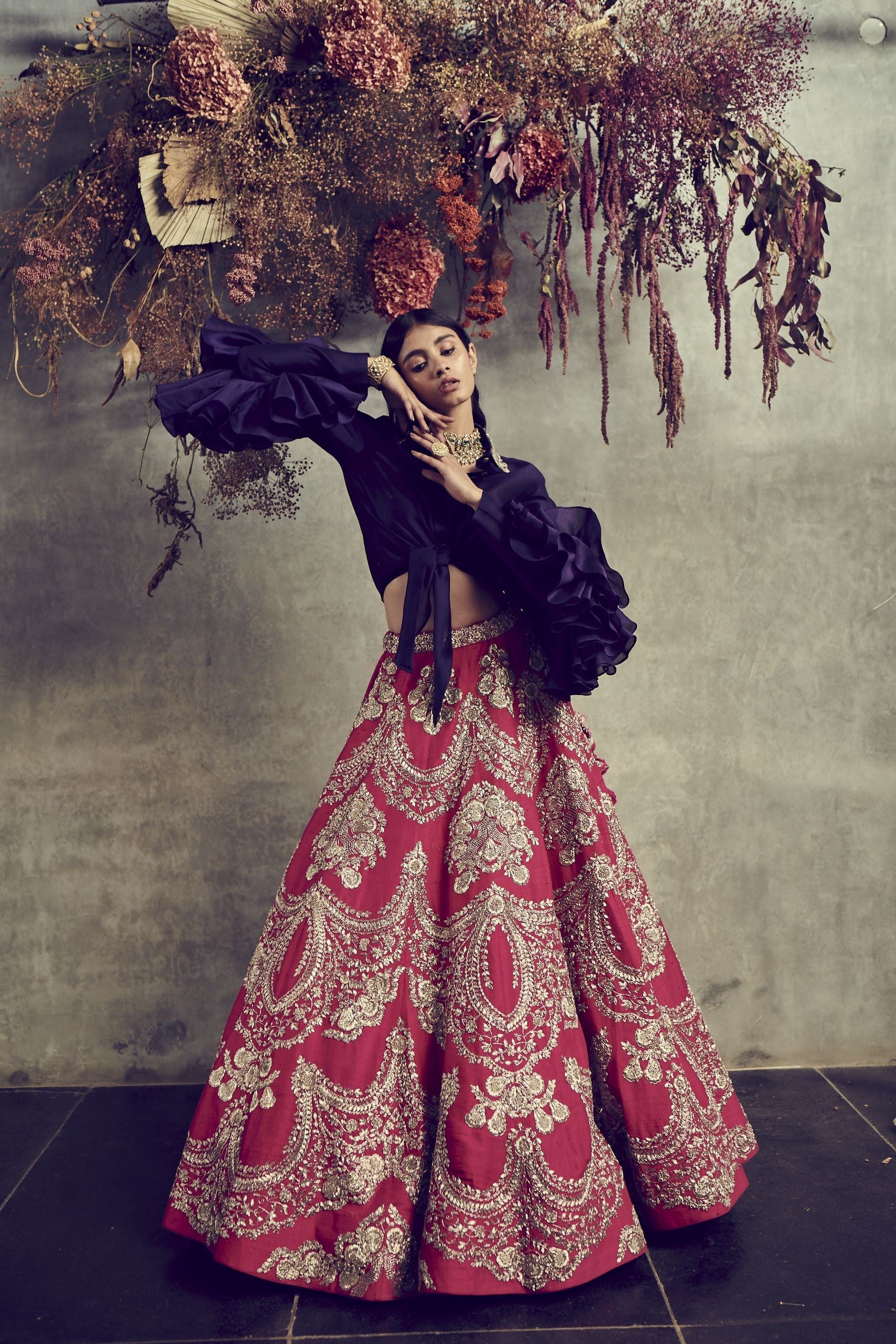 Jayanti Reddy - Red Embroidered Lehenga Set With Knot Shirt